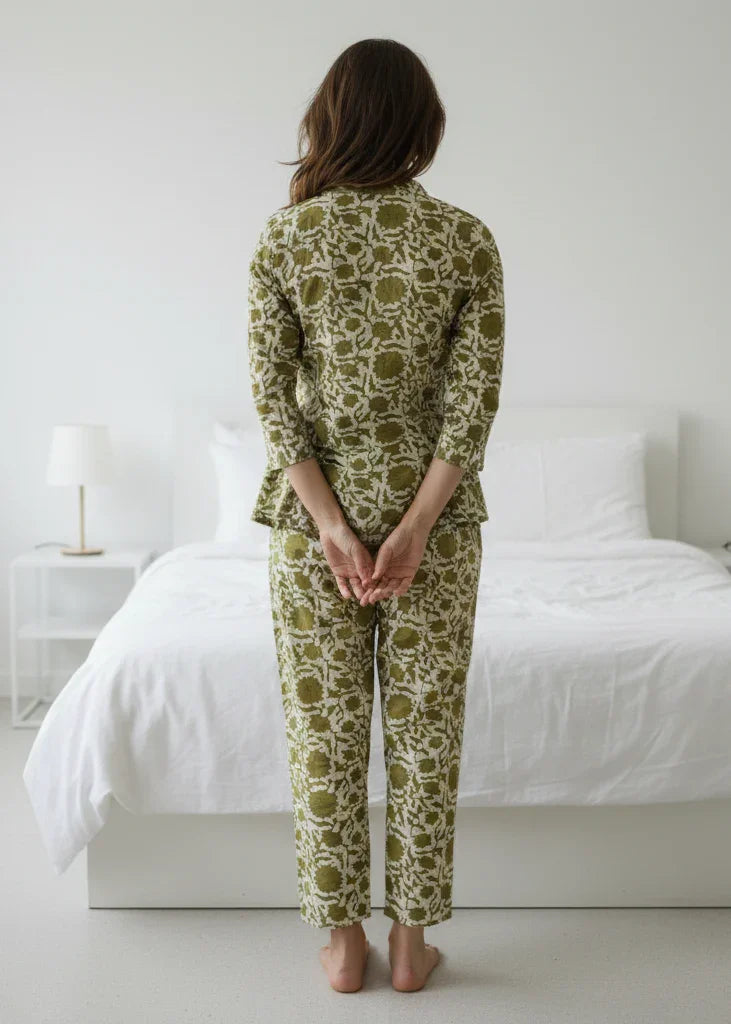 Olive Green Solid Printed Mandarin Collar Co-Ord Set for Women - SanskrutiHomes