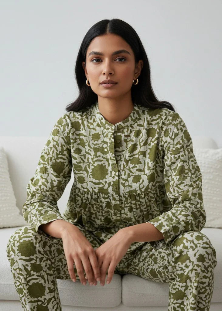 Olive Green Solid Printed Mandarin Collar Co-Ord Set for Women - SanskrutiHomes