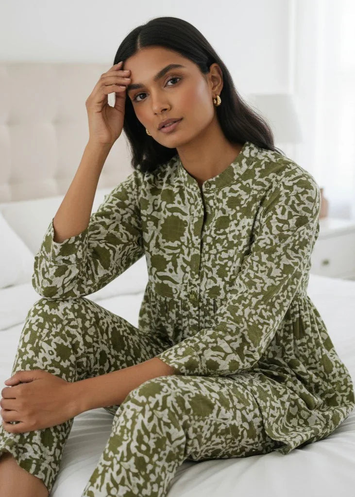 Olive Green Solid Printed Mandarin Collar Co-Ord Set for Women - SanskrutiHomes