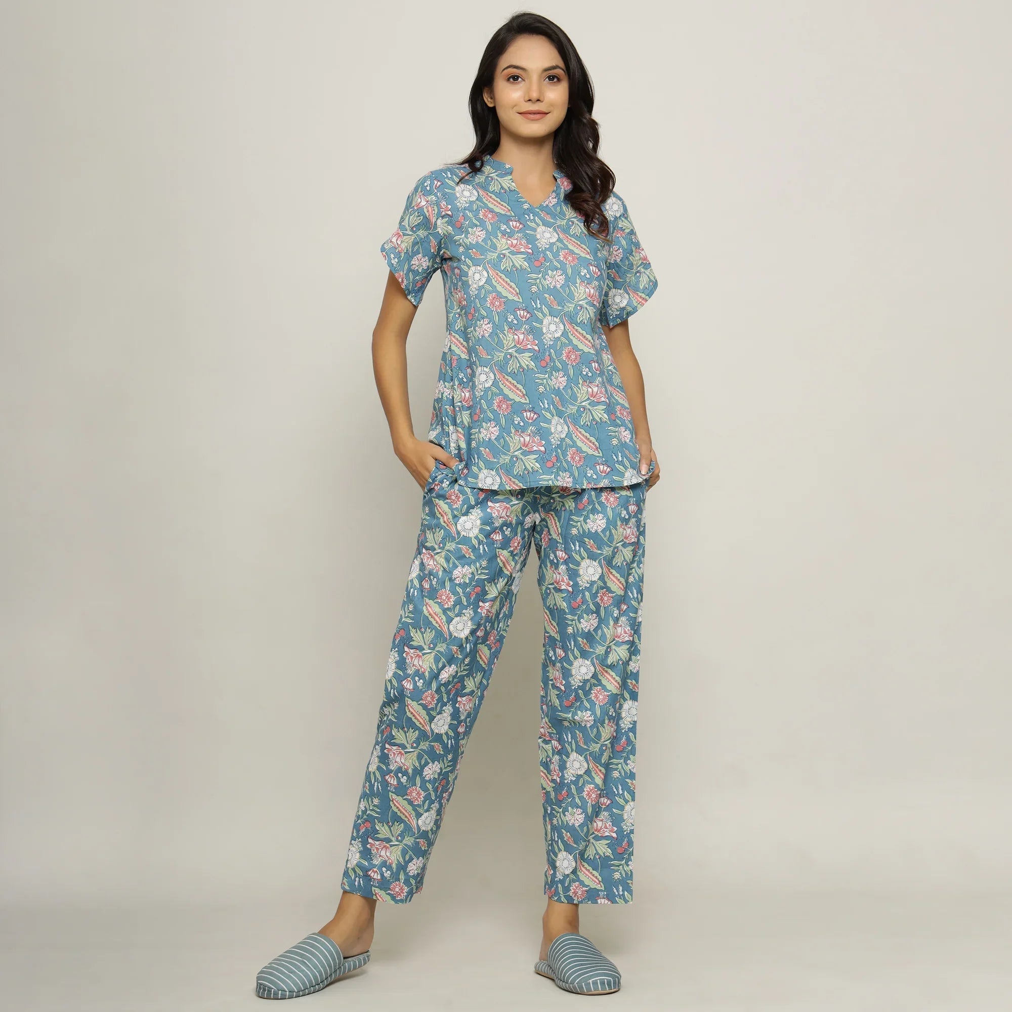 Turquoise Cotton Printed Night Suit Set With Pajama