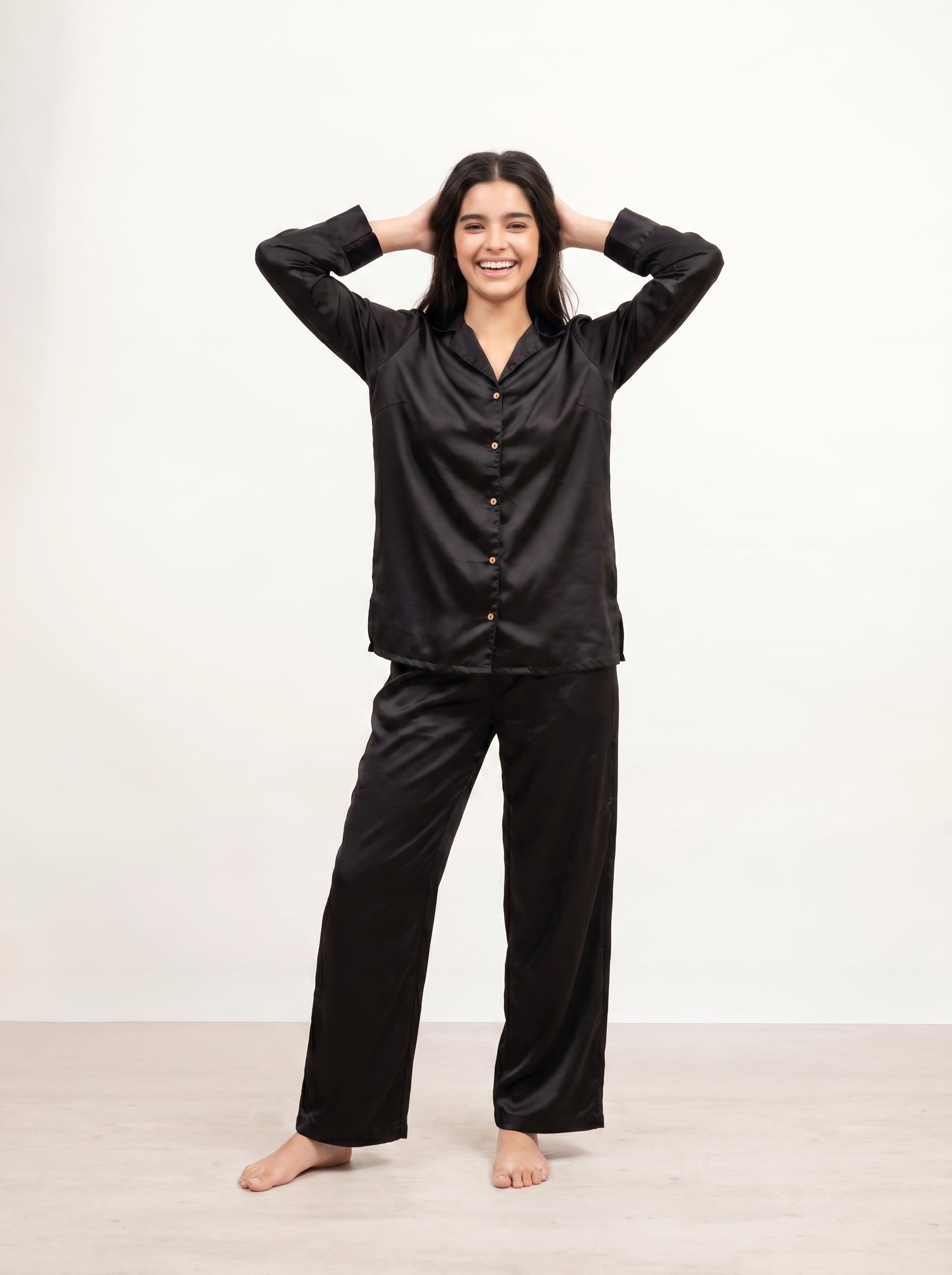 Black Solid Lapel Collar Pure Silk Night Suit For Women