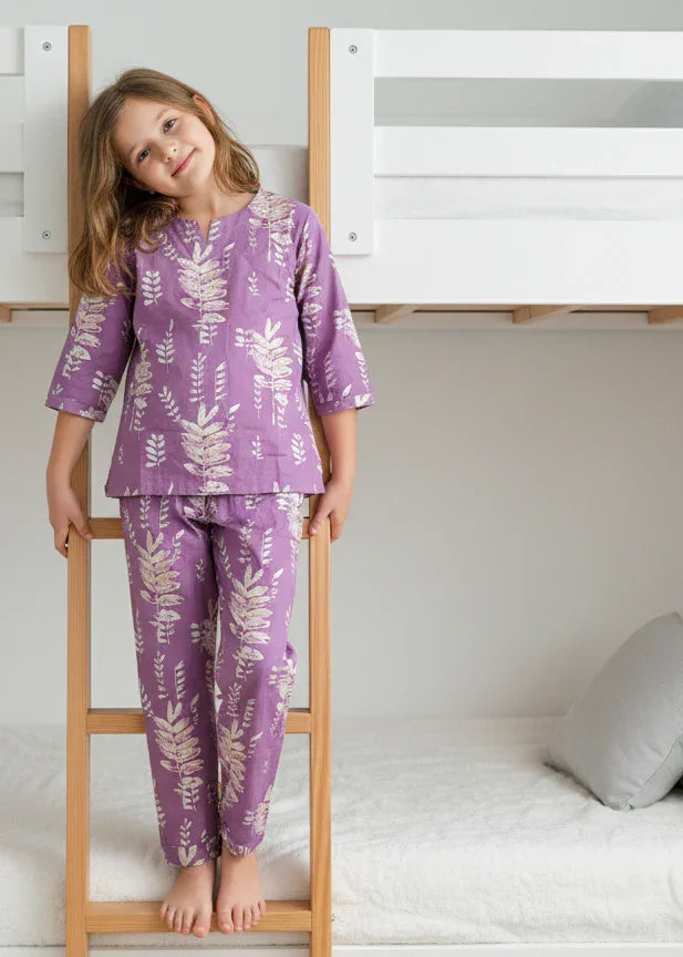 Purple Leaf Print Round Neck Cotton Night Suit Set for Kids - SanskrutiHomes