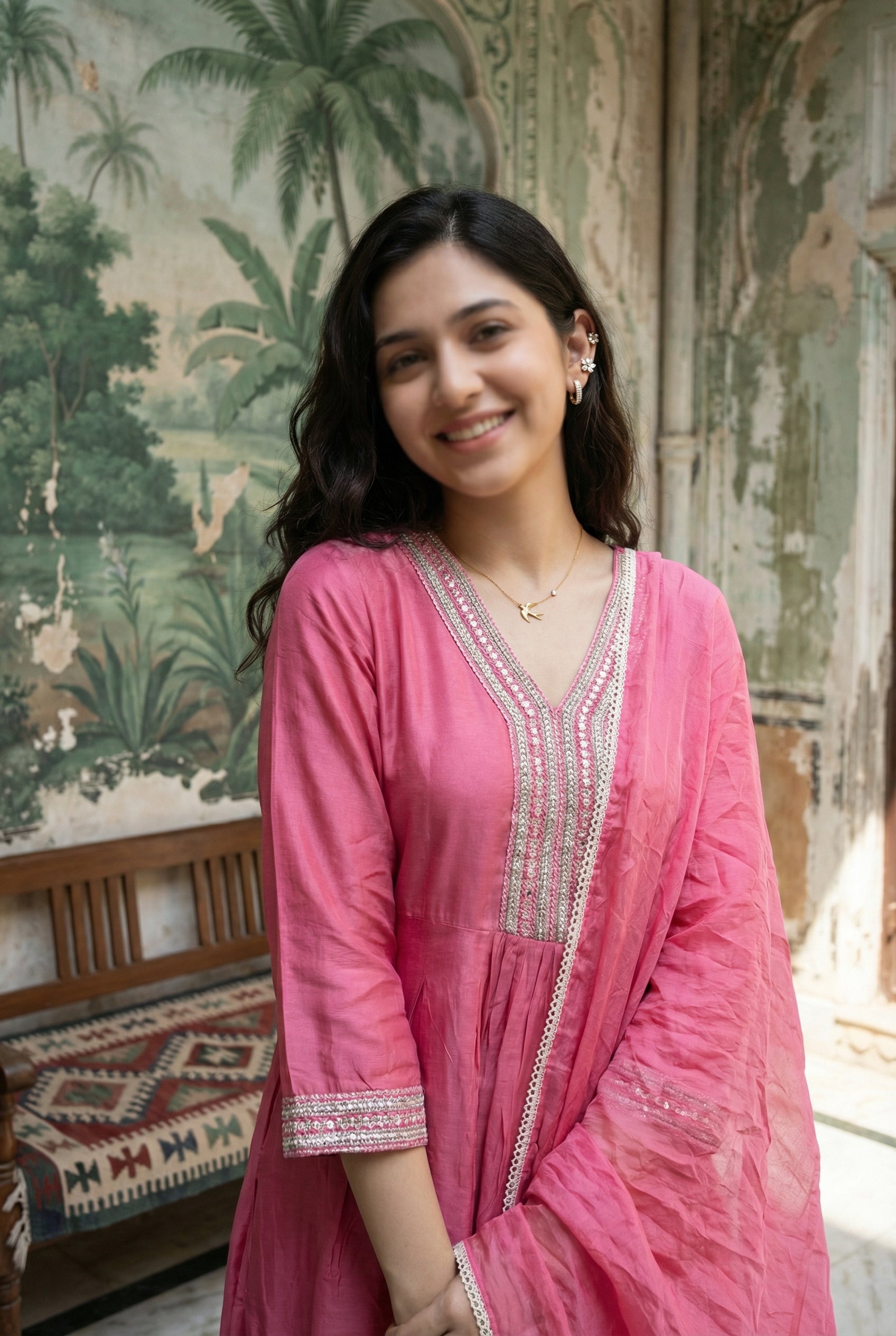 Pink V-Neck Solid Art Silk Kurta Set With Dupatta For Women