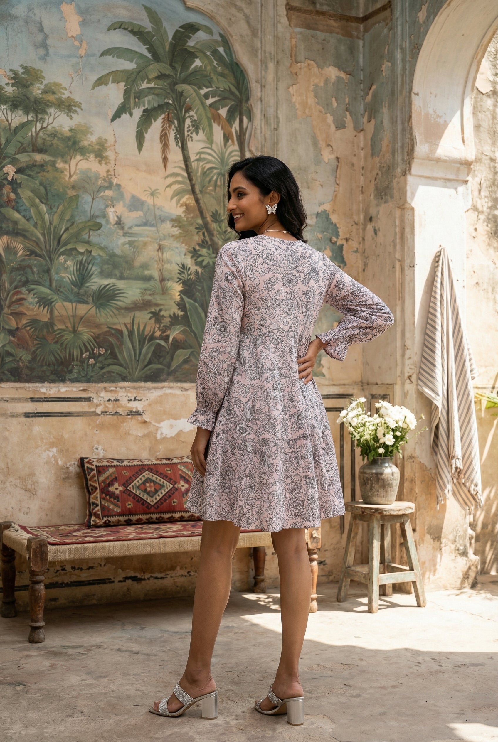 Pink Ethnic Motif Print V-Neck Pure Cotton Dress For Women