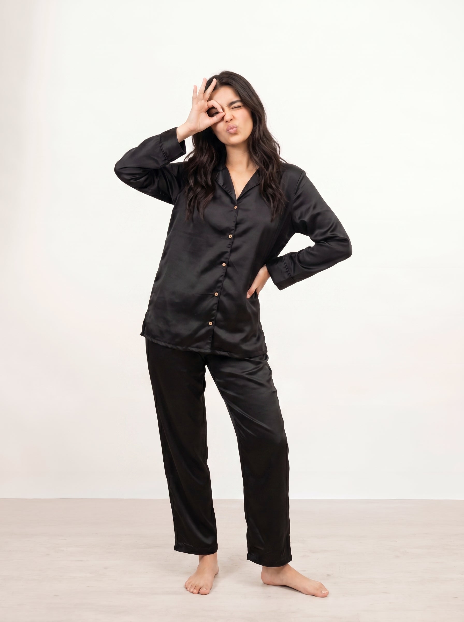 Black Solid Lapel Collar Pure Silk Night Suit For Women