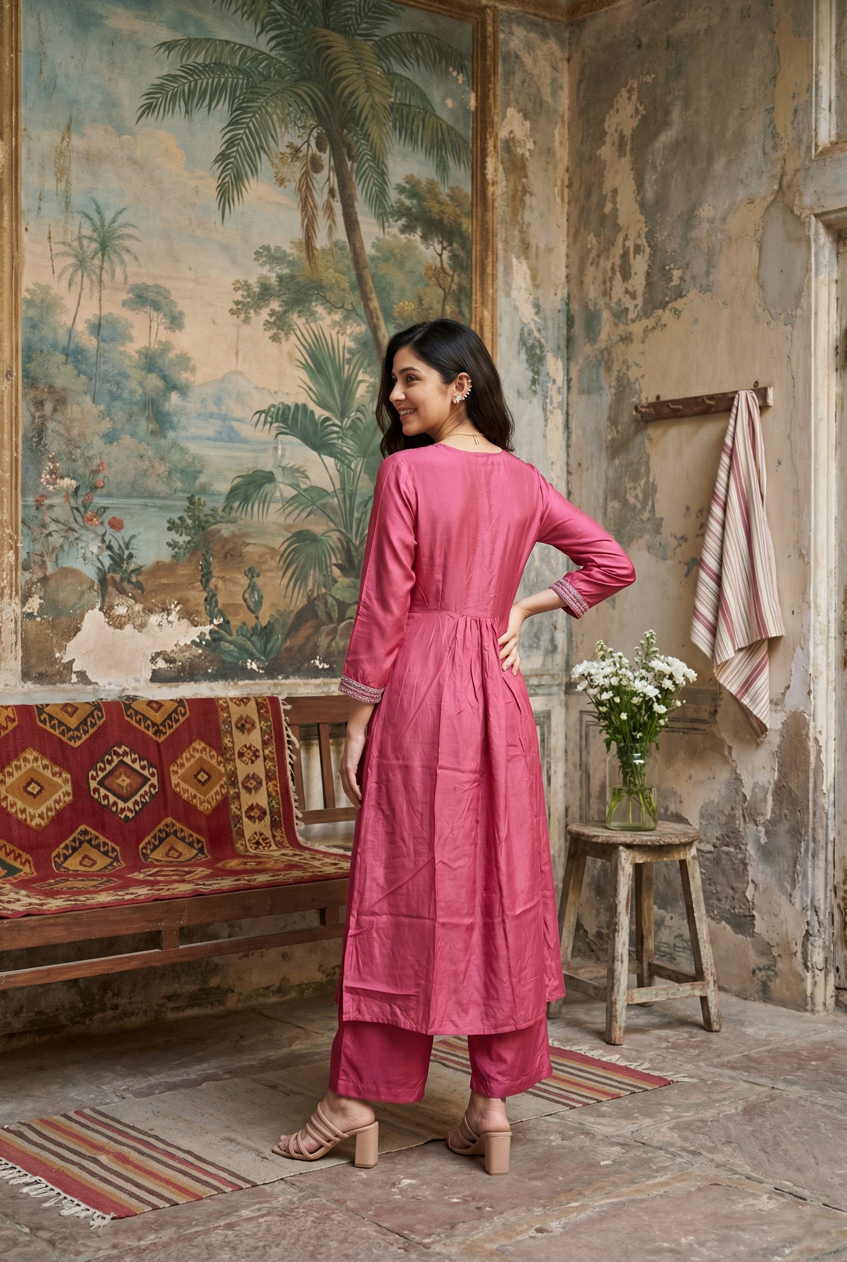 Pink V-Neck Solid Art Silk Kurta Set With Dupatta For Women