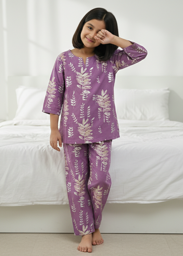 Purple Leaf Print Round Neck Cotton Night Suit Set for Kids