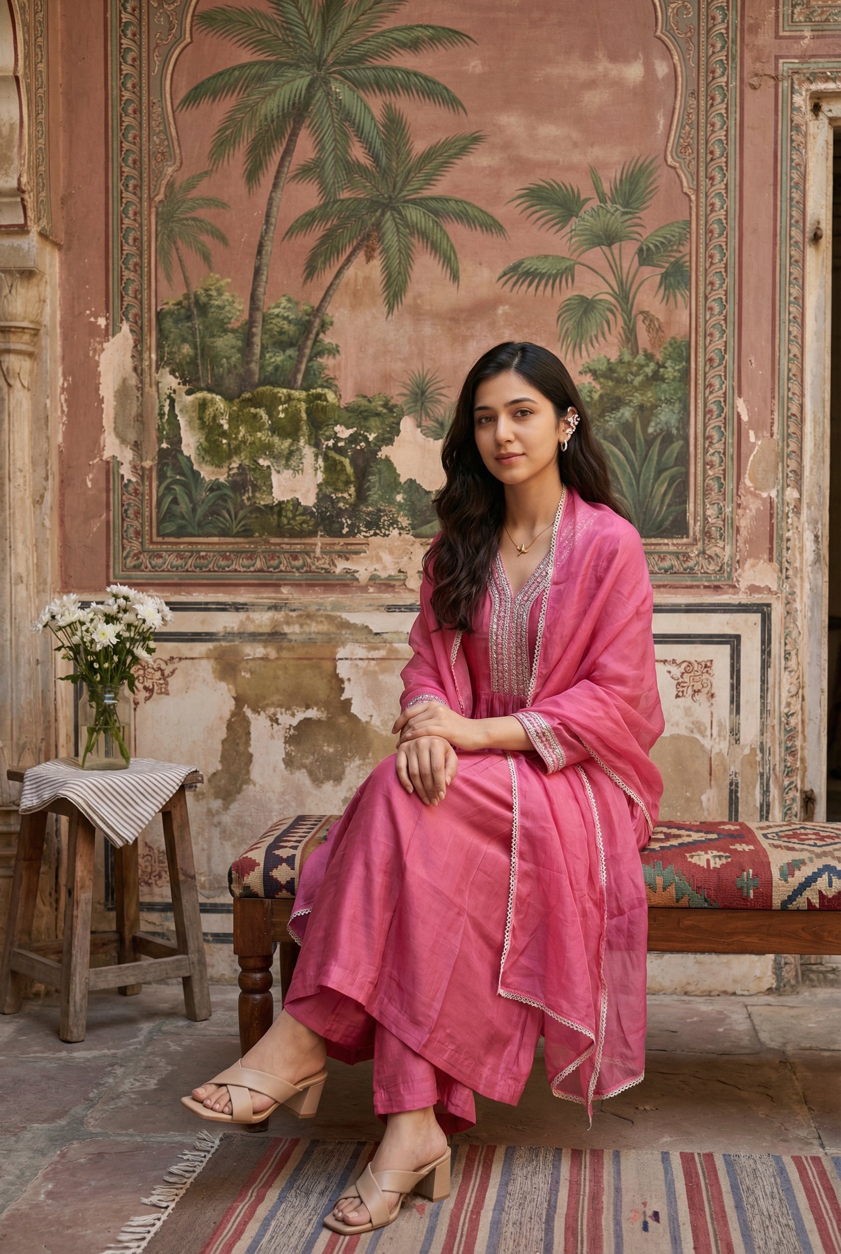 Pink V-Neck Solid Art Silk Kurta Set With Dupatta For Women