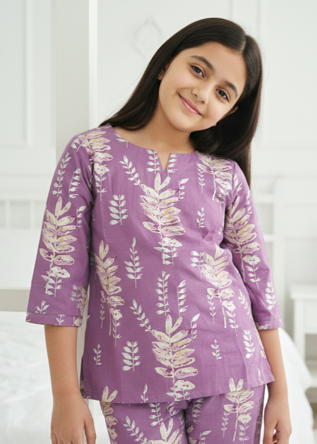 Purple Leaf Print Round Neck Cotton Night Suit Set for Kids