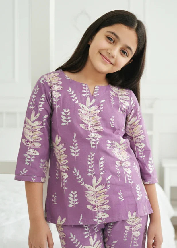 Purple Leaf Print Round Neck Cotton Night Suit Set for Kids - SanskrutiHomes