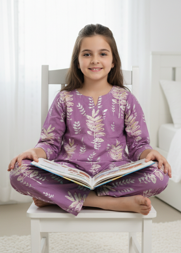 Purple Leaf Print Round Neck Cotton Night Suit Set for Kids