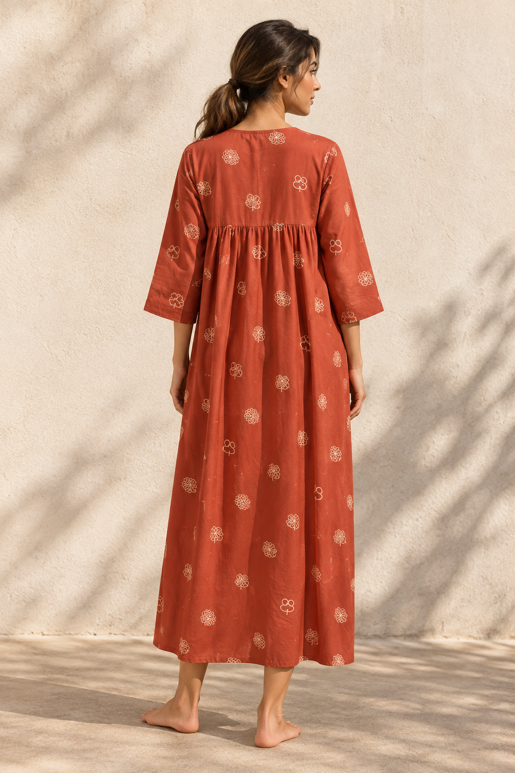 Red Motif Print Pure Cotton Round Neck Maxi Nighty For Women