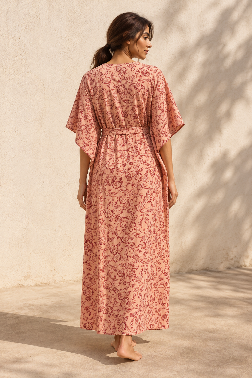 Red Floral Pure Cotton V-Neck Maxi Kaftan Nighty For Women