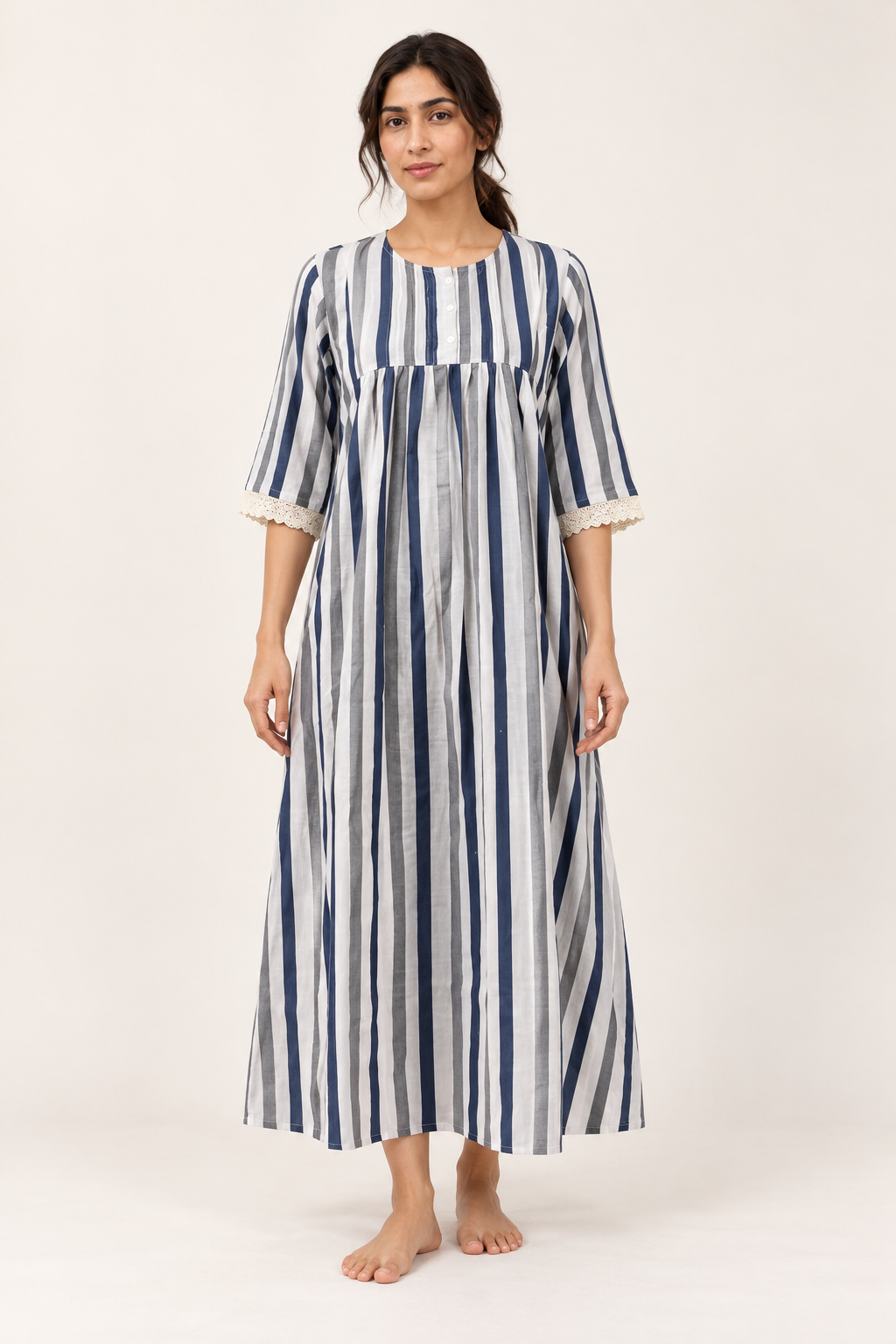 Blue Striped Pure Cotton Round Neck Maxi Nighty For Women