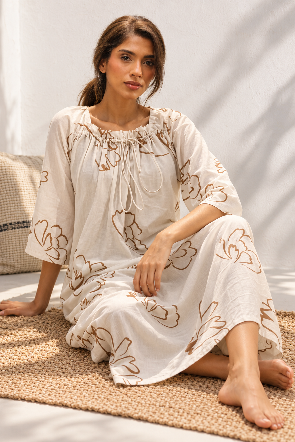 Off White Square Neck Knee Length Pure Cotton Floral Nighty For Women