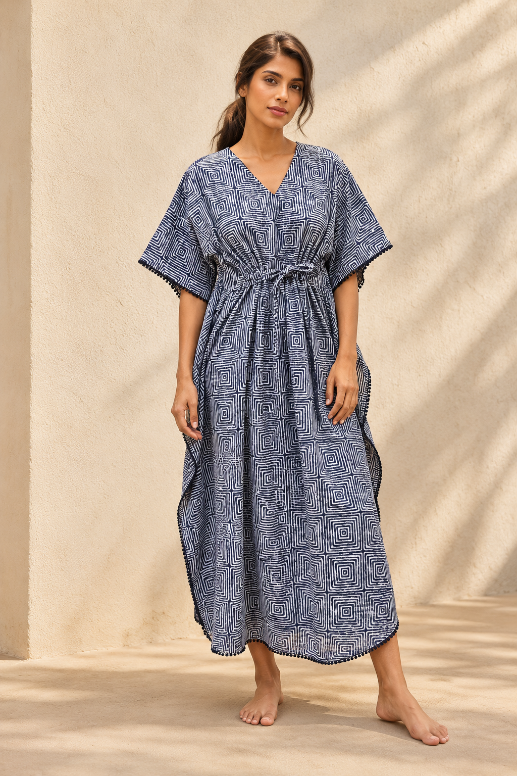 Navy Abstract Print V-Neck Maxi Kaftan Pure Cotton Nighty For Women