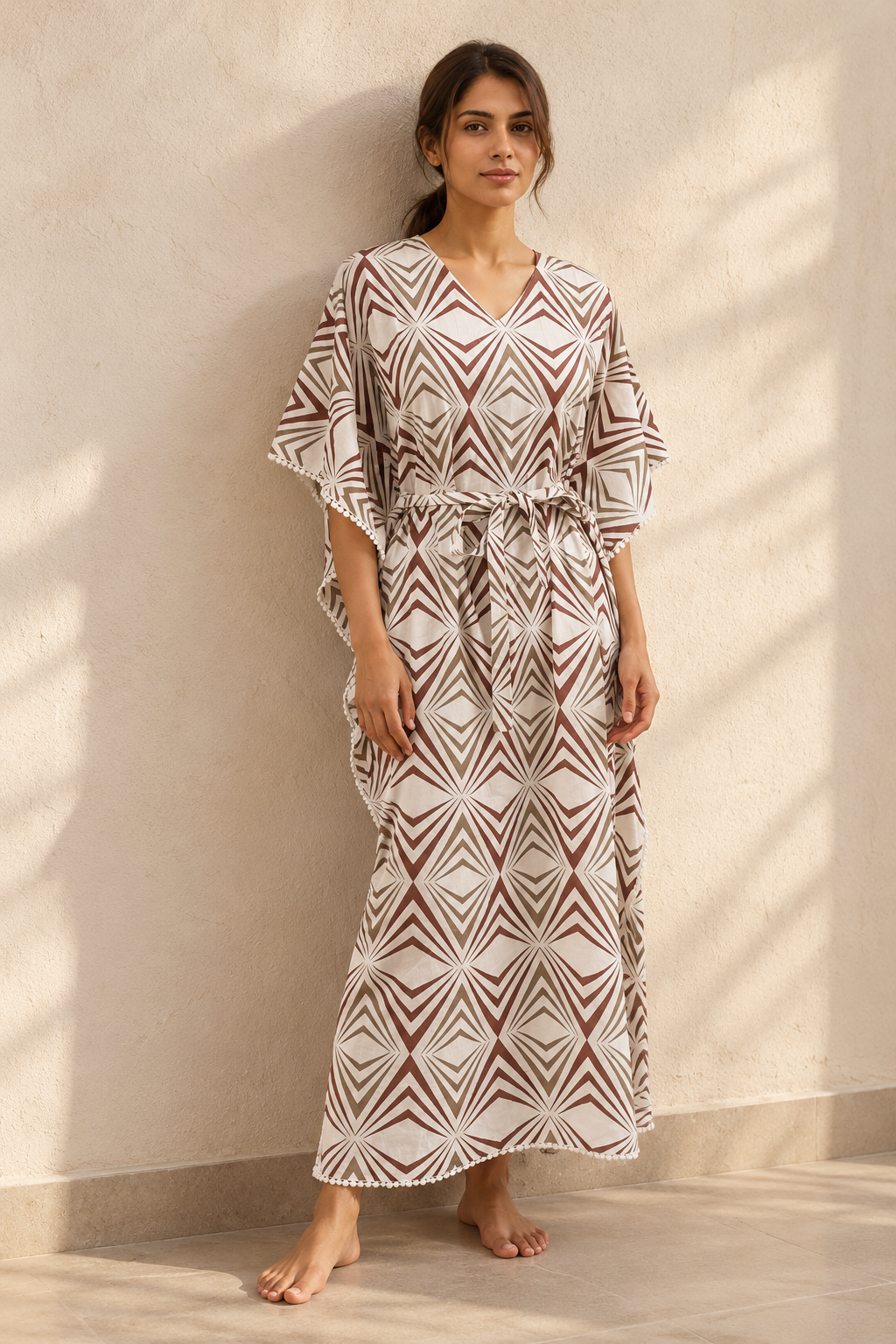 Brown Geometric Pure Cotton V-Neck Half Sleeve Maxi Kaftan Nighty For Women