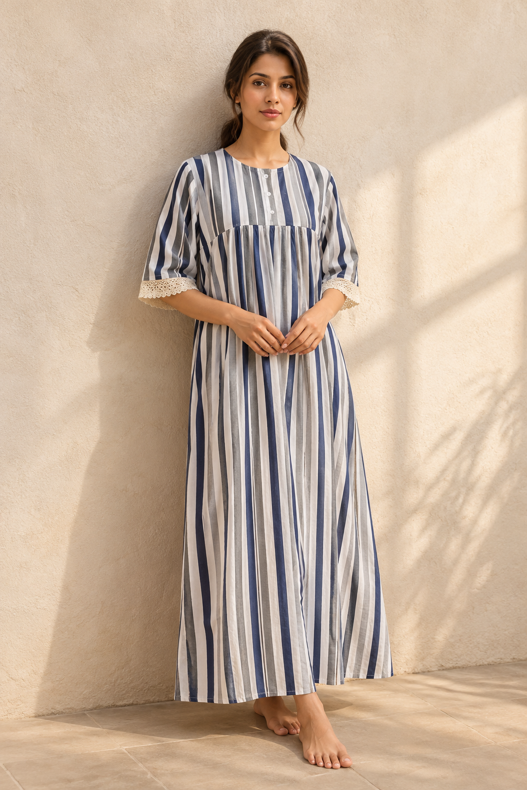 Blue Striped Pure Cotton Round Neck Maxi Nighty For Women