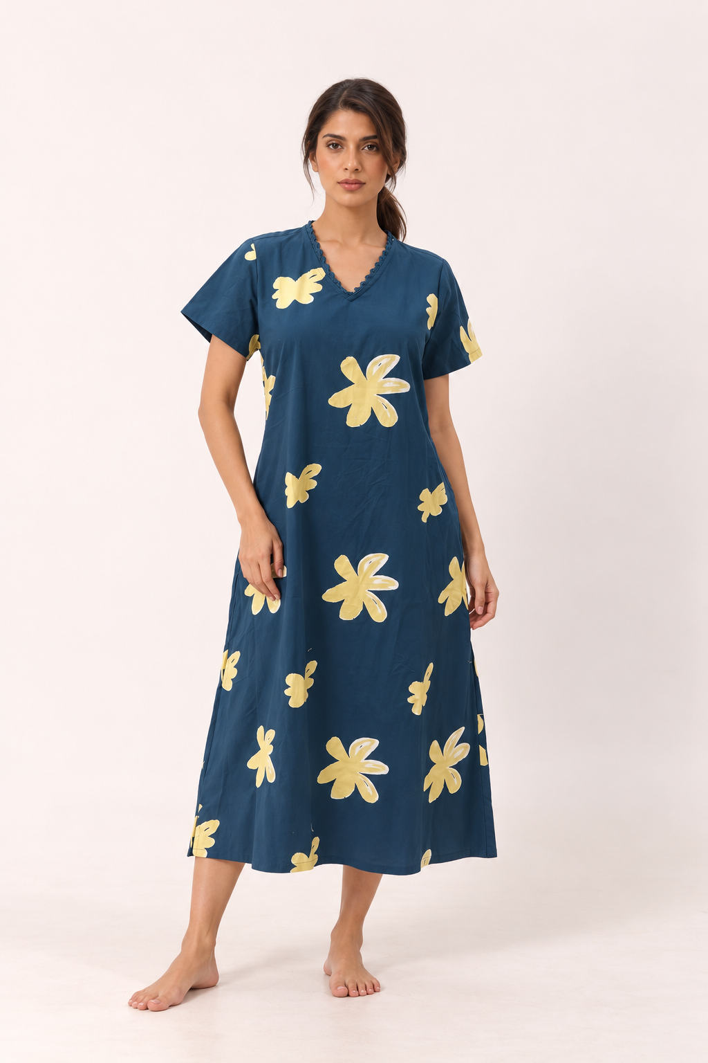Navy Blue Floral Print V-Neck Pure Cotton Nighty For Women