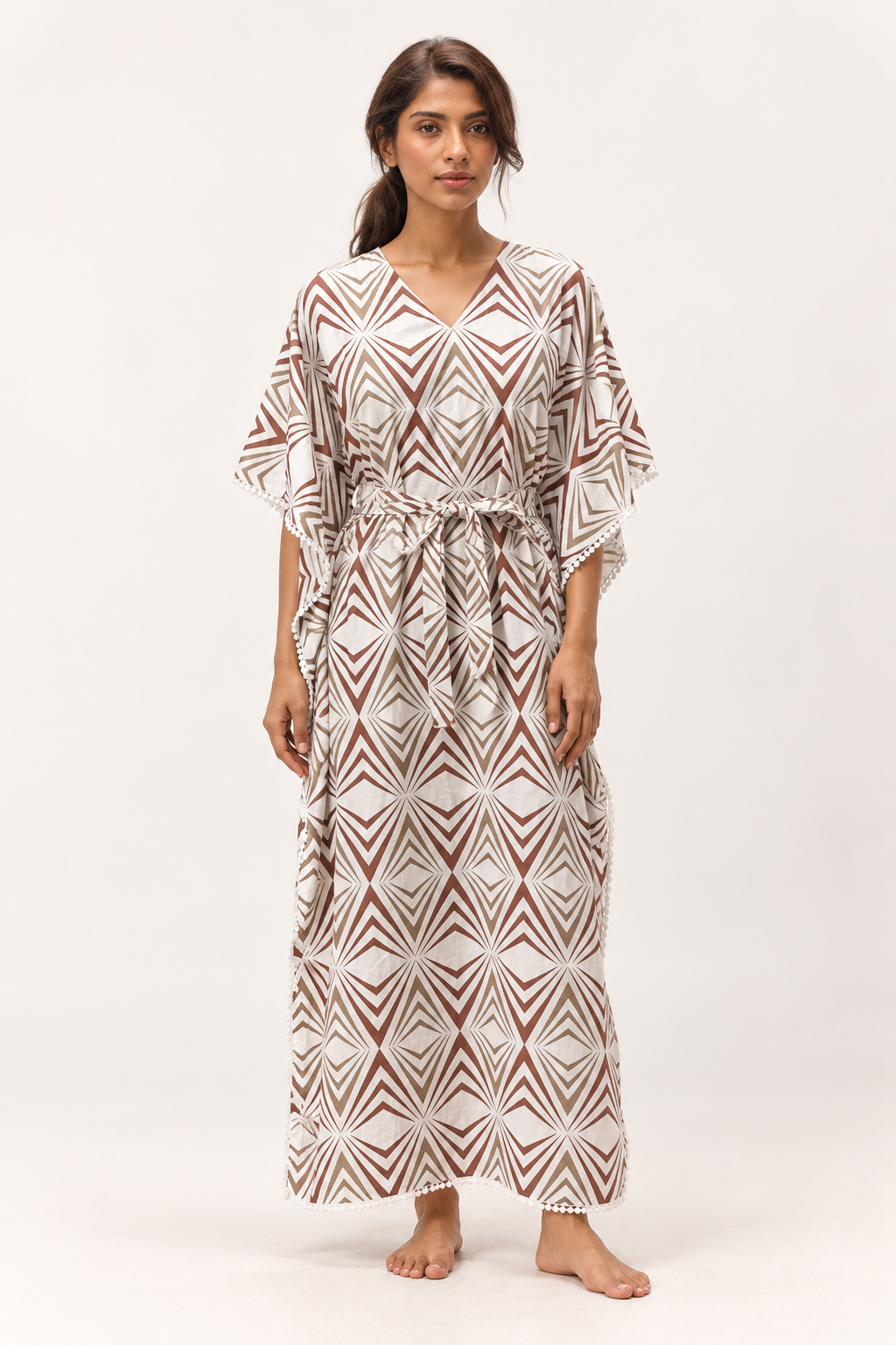 Brown Geometric Pure Cotton V-Neck Half Sleeve Maxi Kaftan Nighty For Women