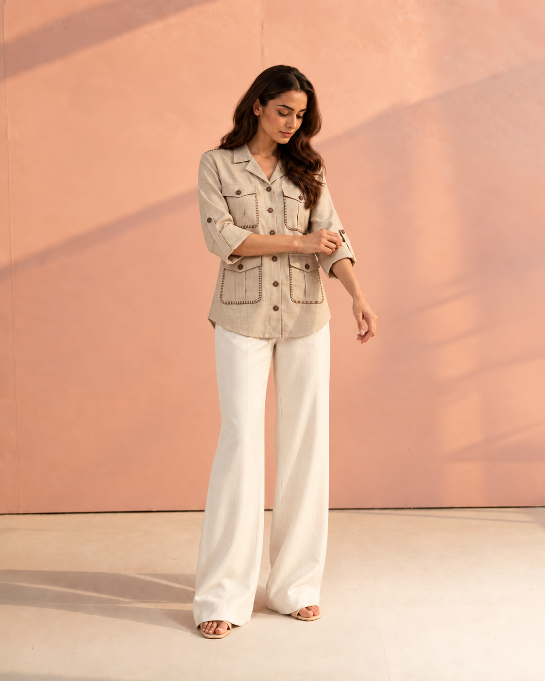 Beige Cuban Collar Solid Hunter Shirt For Women