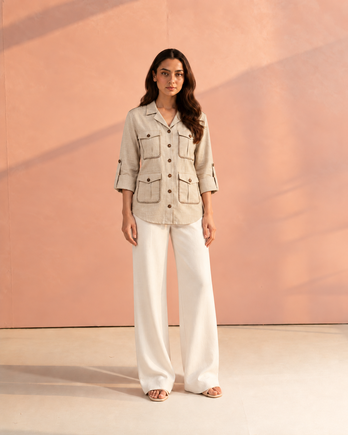 Beige Cuban Collar Solid Hunter Shirt For Women