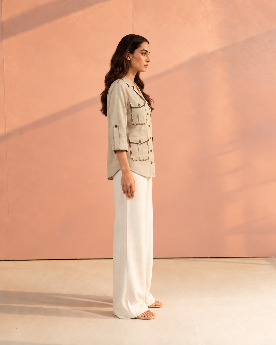 Beige Cuban Collar Solid Hunter Shirt For Women