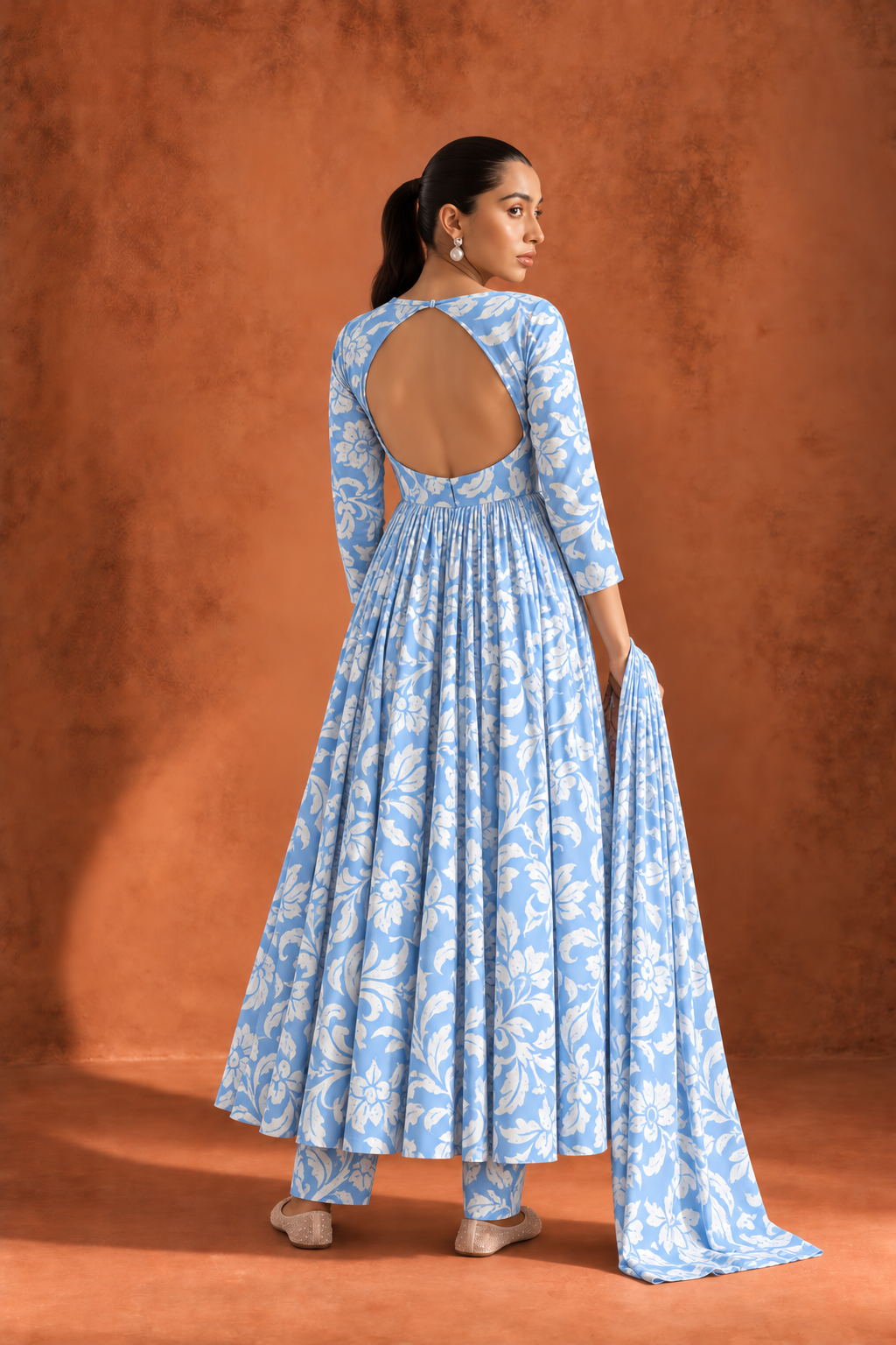 Blue & White Round Neck Floral Print Anarkali Kurta Set With Dupatta For Women