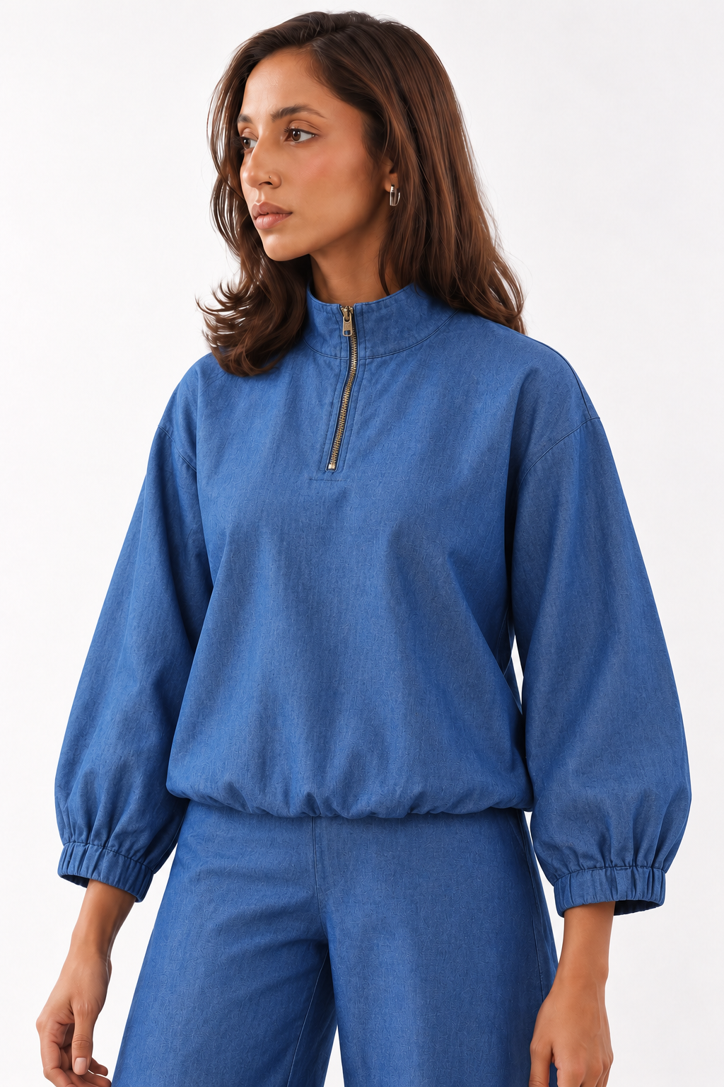 Navy Blue Half-Zip Stand Collar Pure Cotton Co-Ord Set For Women