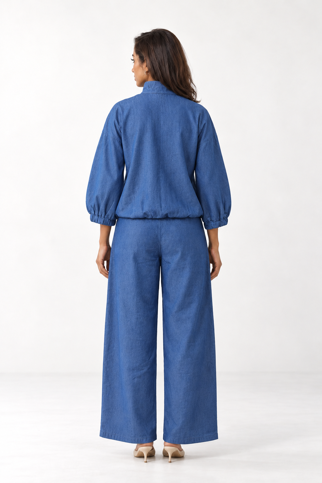 Navy Blue Half-Zip Stand Collar Pure Cotton Co-Ord Set For Women