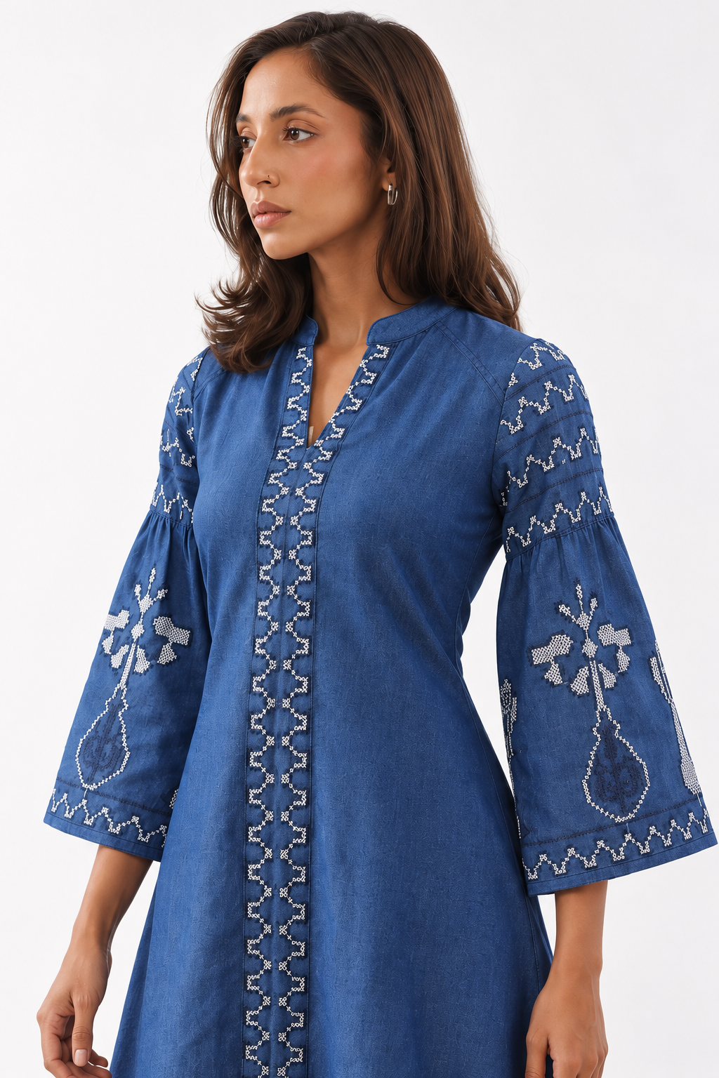 Blue Ethnic Embroidered Split V-Neck Shift Dress For Women