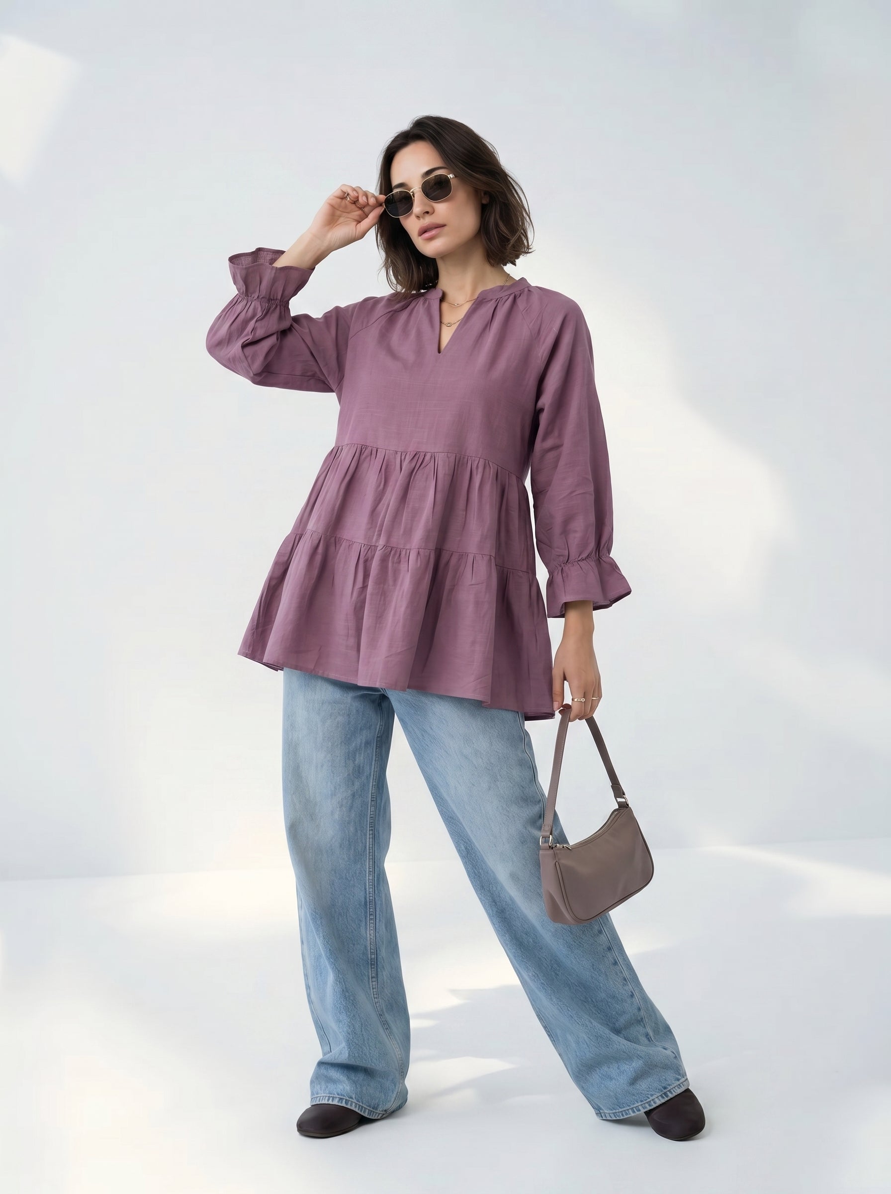 Lavender Solid Mandarin Neck Pure Cotton Top for Women