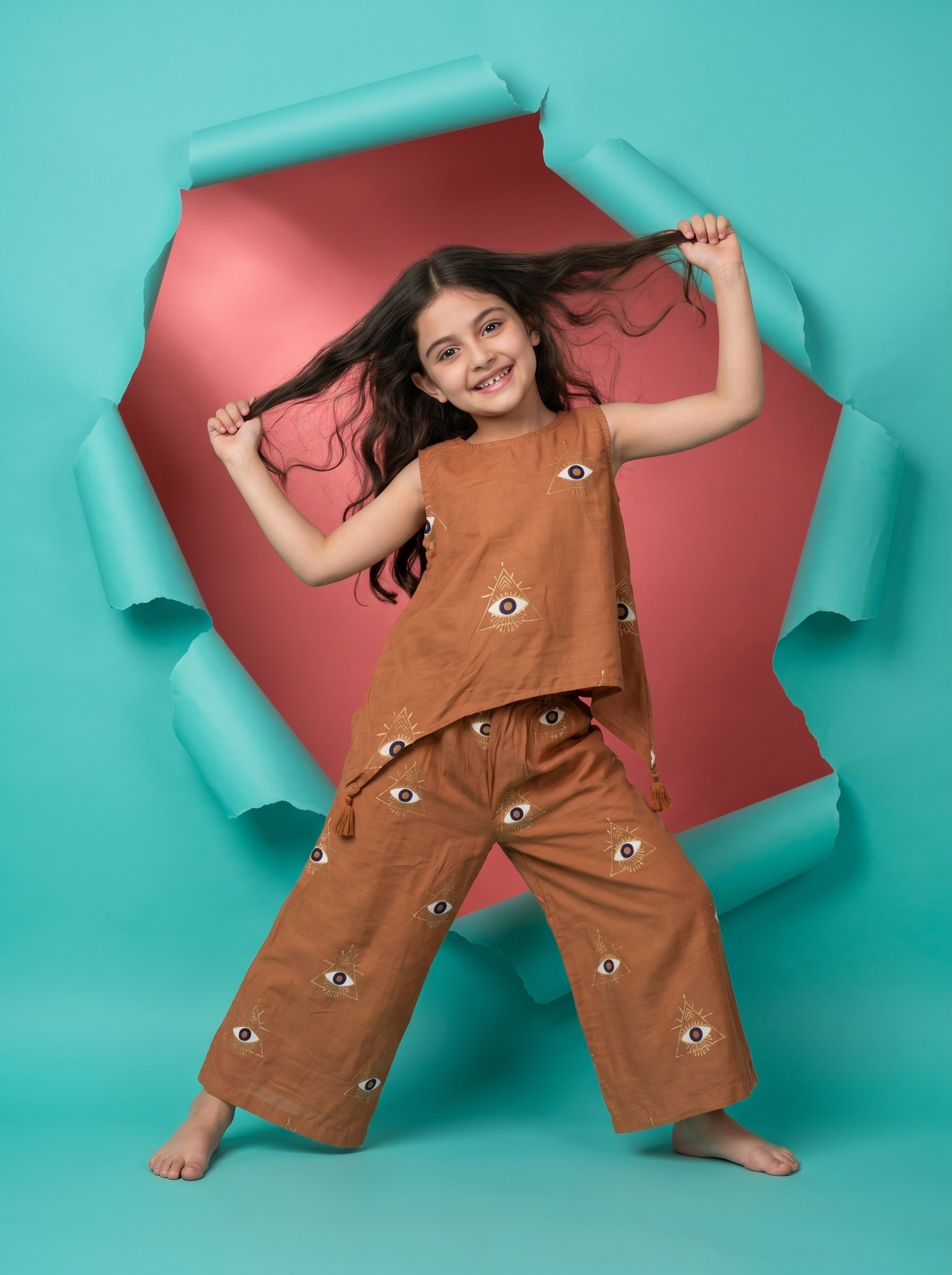 Brown Round Neck Geometric Print Silk Blend Co-Ord Set For Kids