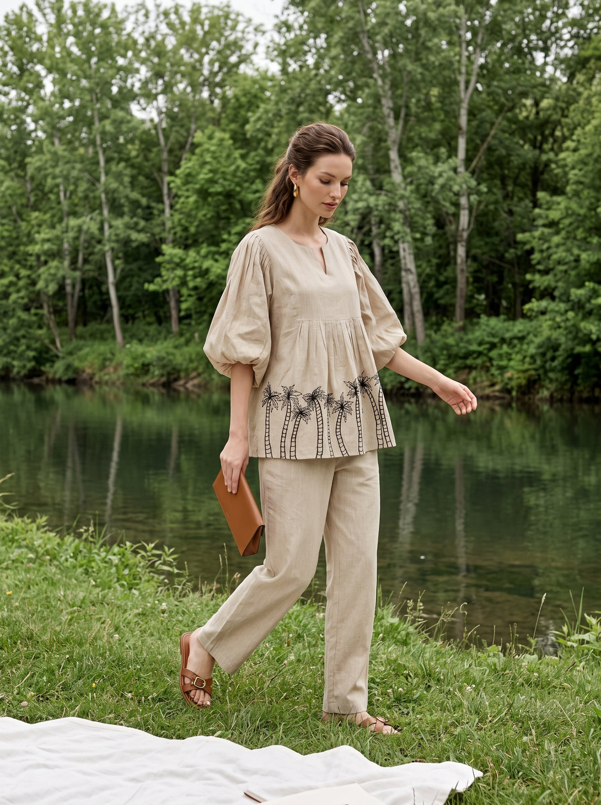 Beige V-Neck Dyed Pure Cotton Co-Ord Set For Women
