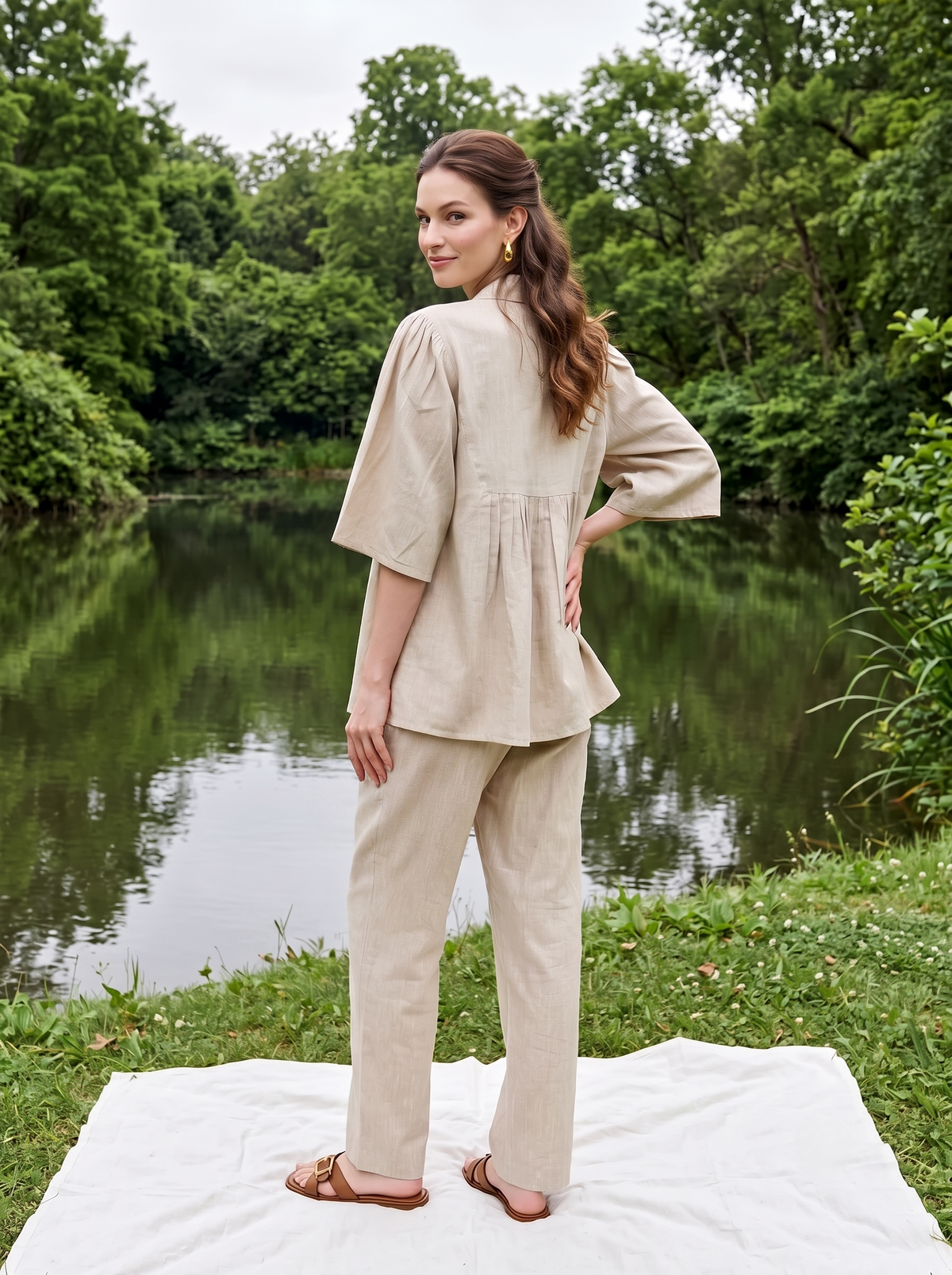 Beige V-Neck Dyed Pure Cotton Co-Ord Set For Women