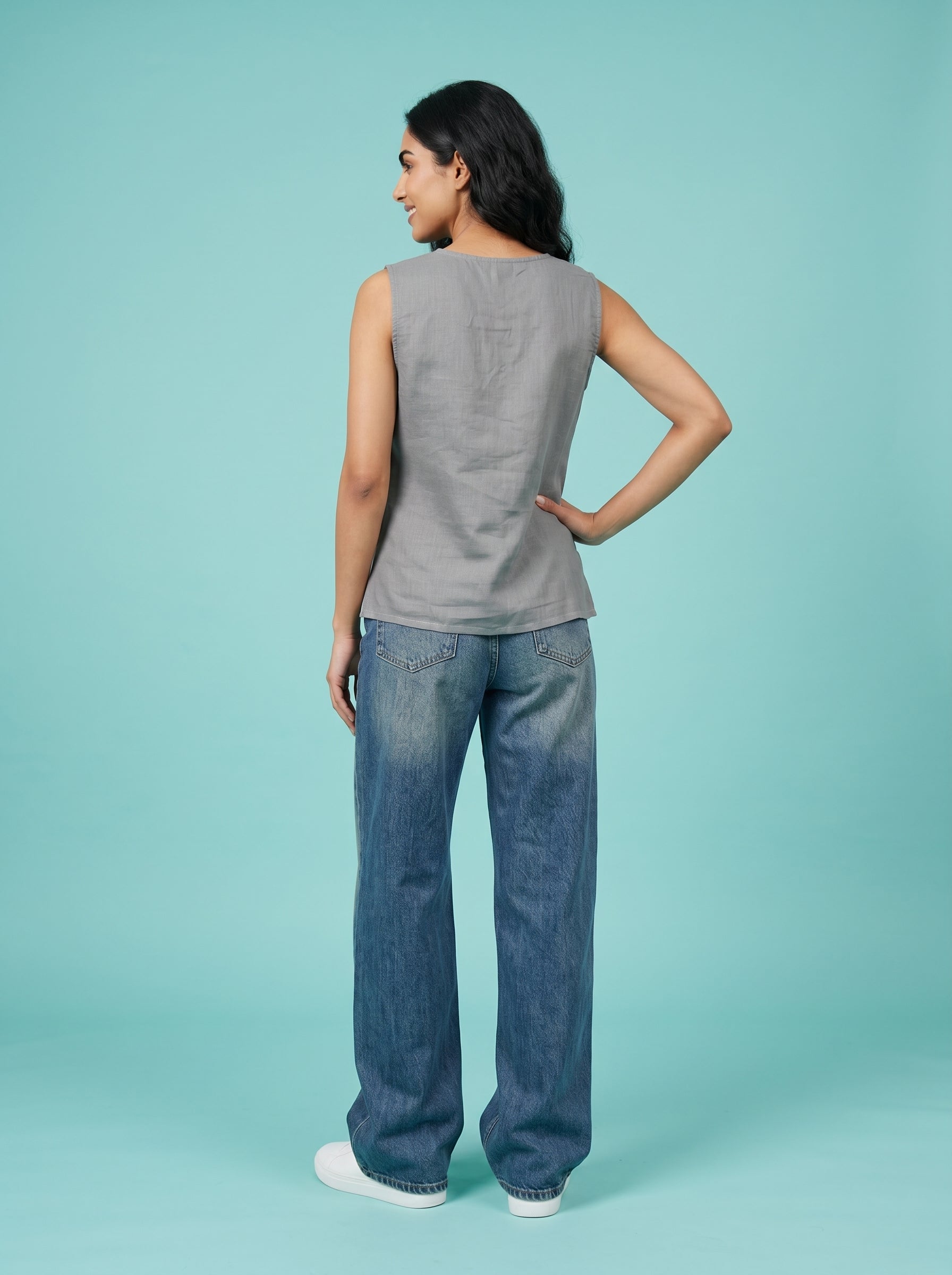 Grey V-Neck Solid Pure Cotton Top For Women