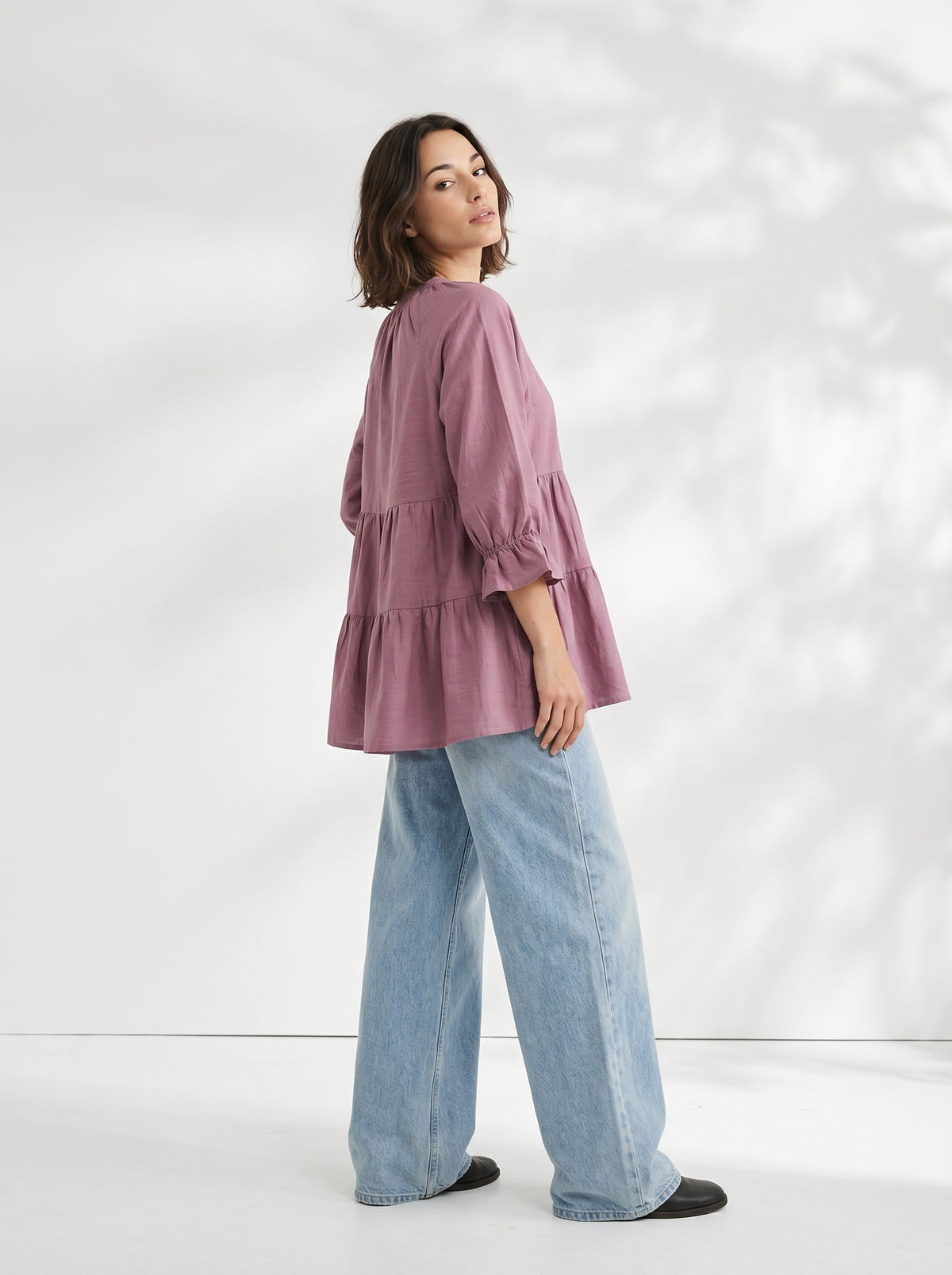 Lavender Solid Mandarin Neck Pure Cotton Top for Women