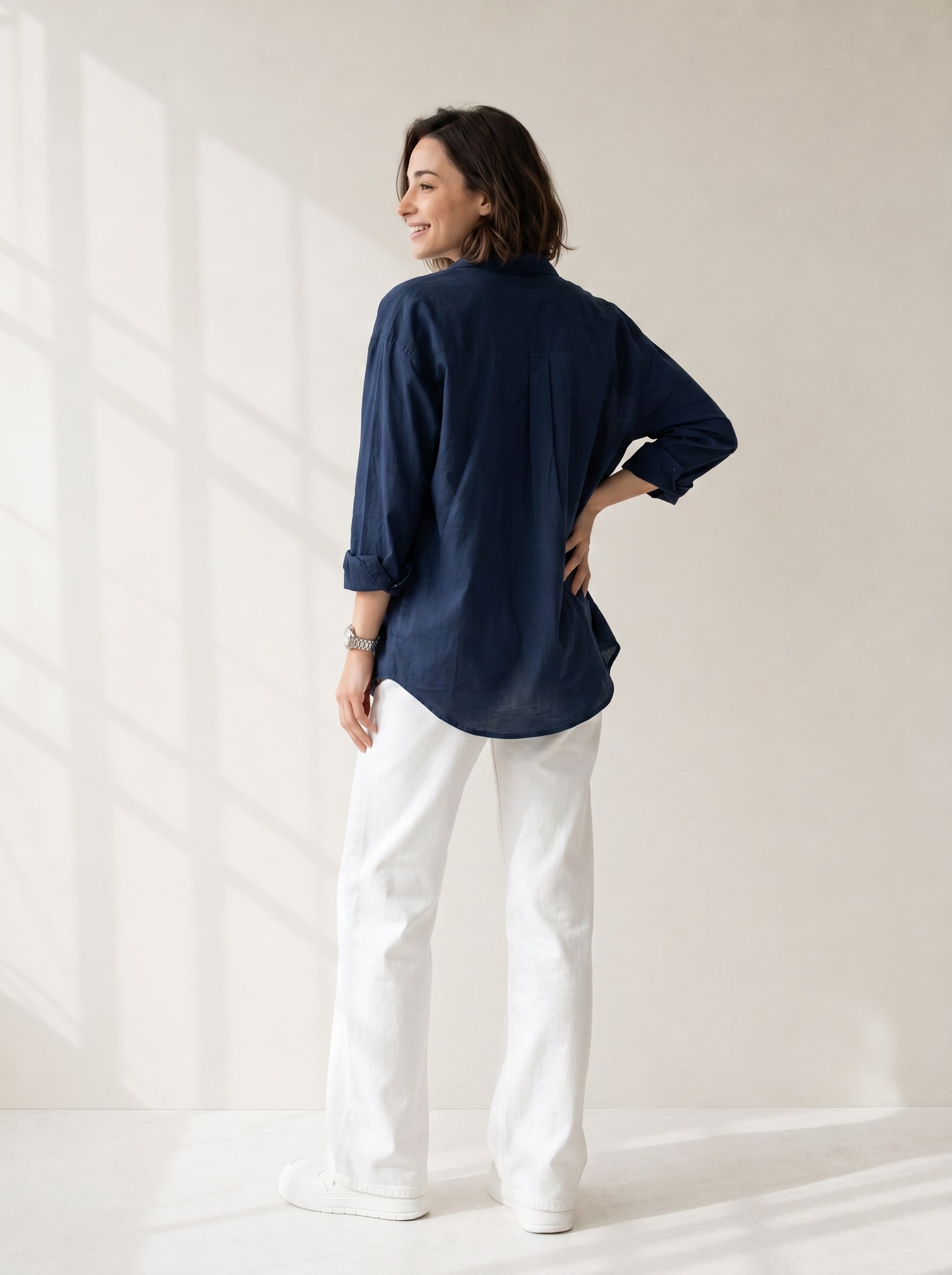 Blue Spread Collar Solid Casual Cotton Shirt For Women