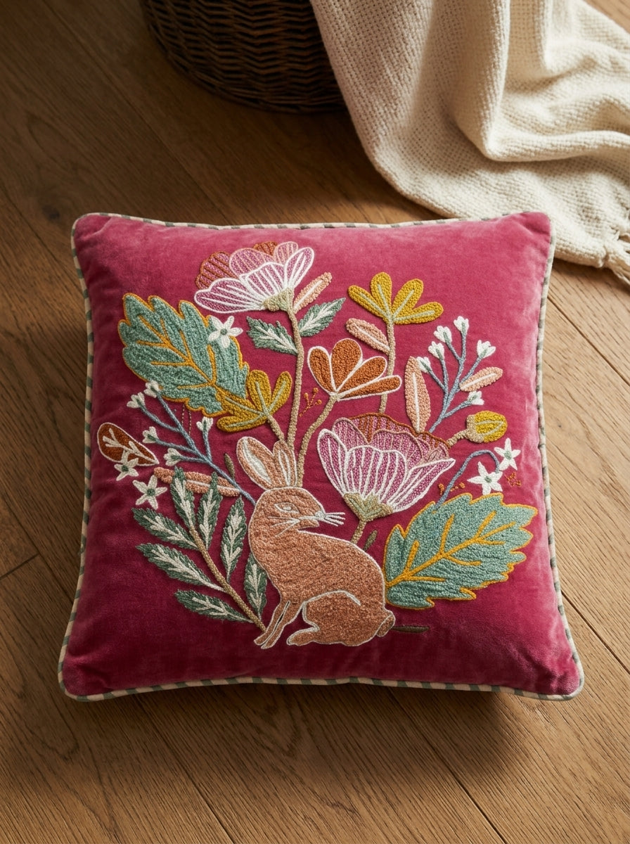 Pink Velvet Square Cushion Cover With Floral & Rabbit Embroidery