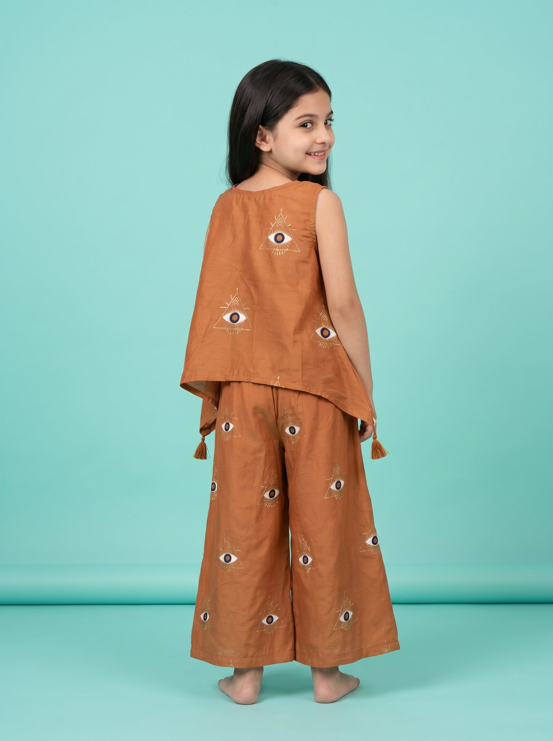 Brown Round Neck Geometric Print Silk Blend Co-Ord Set For Kids