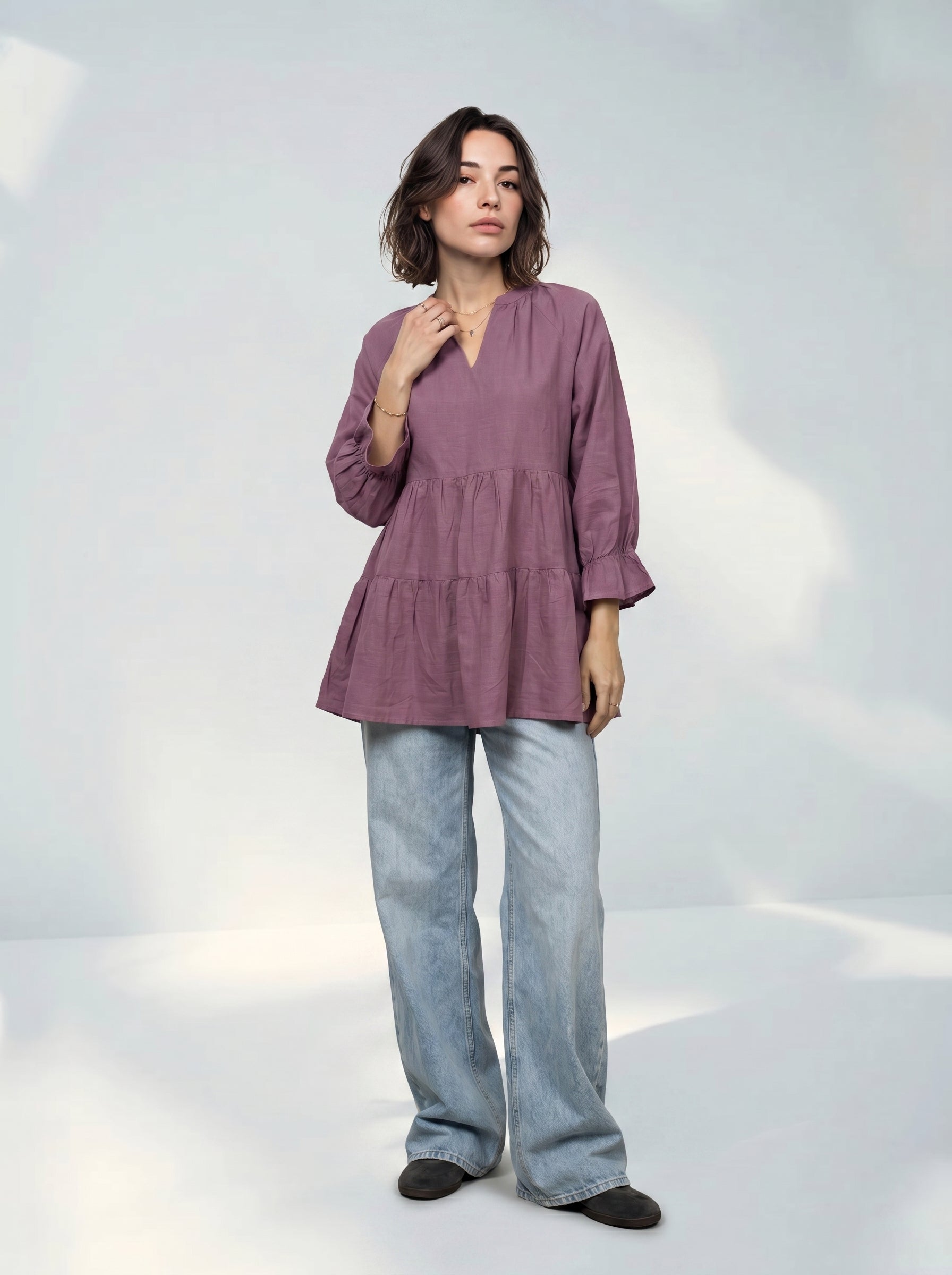 Lavender Solid Mandarin Neck Pure Cotton Top for Women