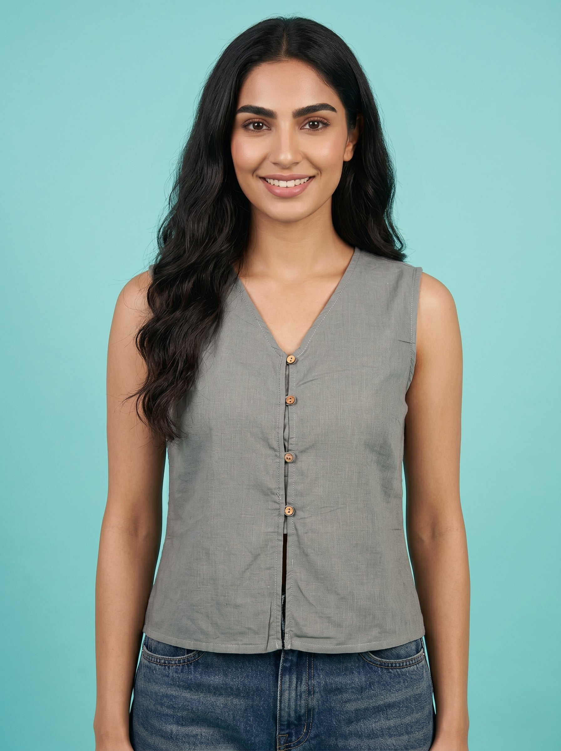 Grey V-Neck Solid Pure Cotton Top For Women