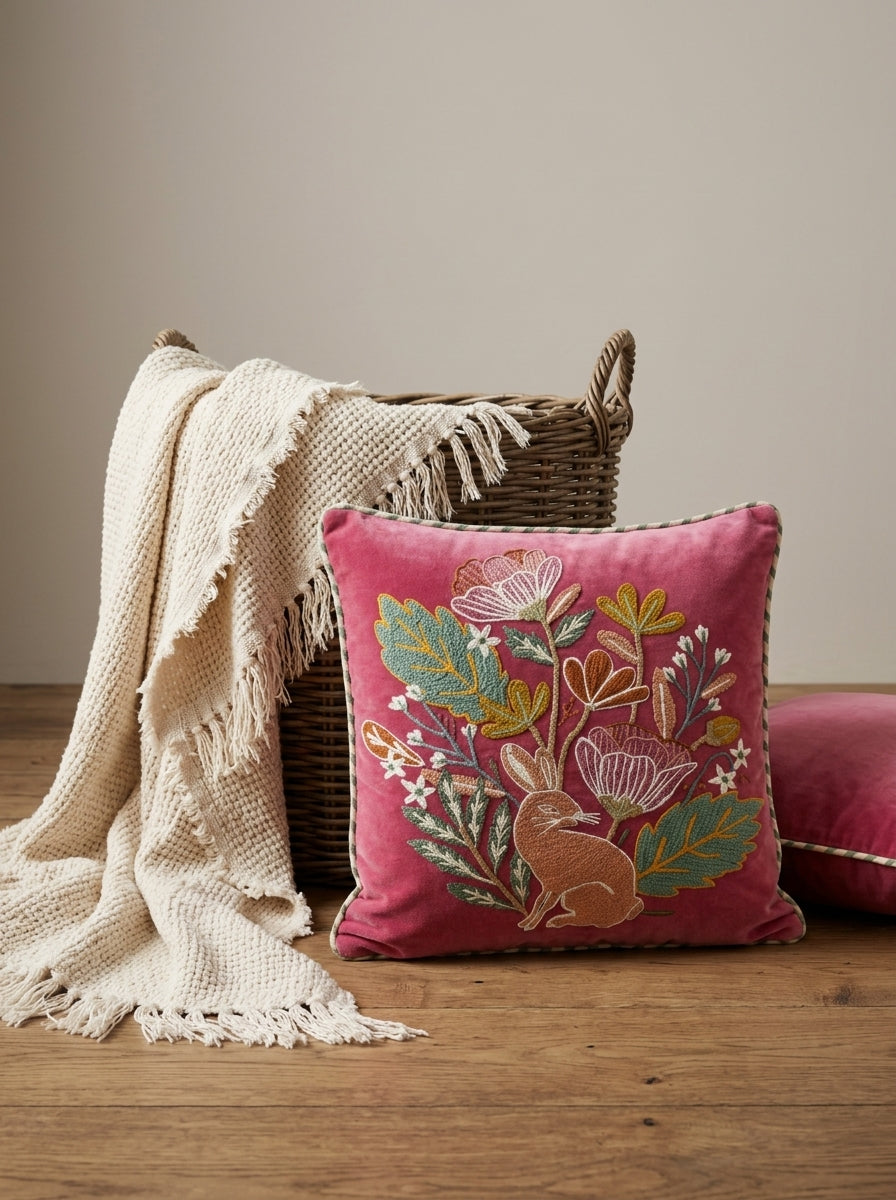 Pink Velvet Square Cushion Cover With Floral & Rabbit Embroidery