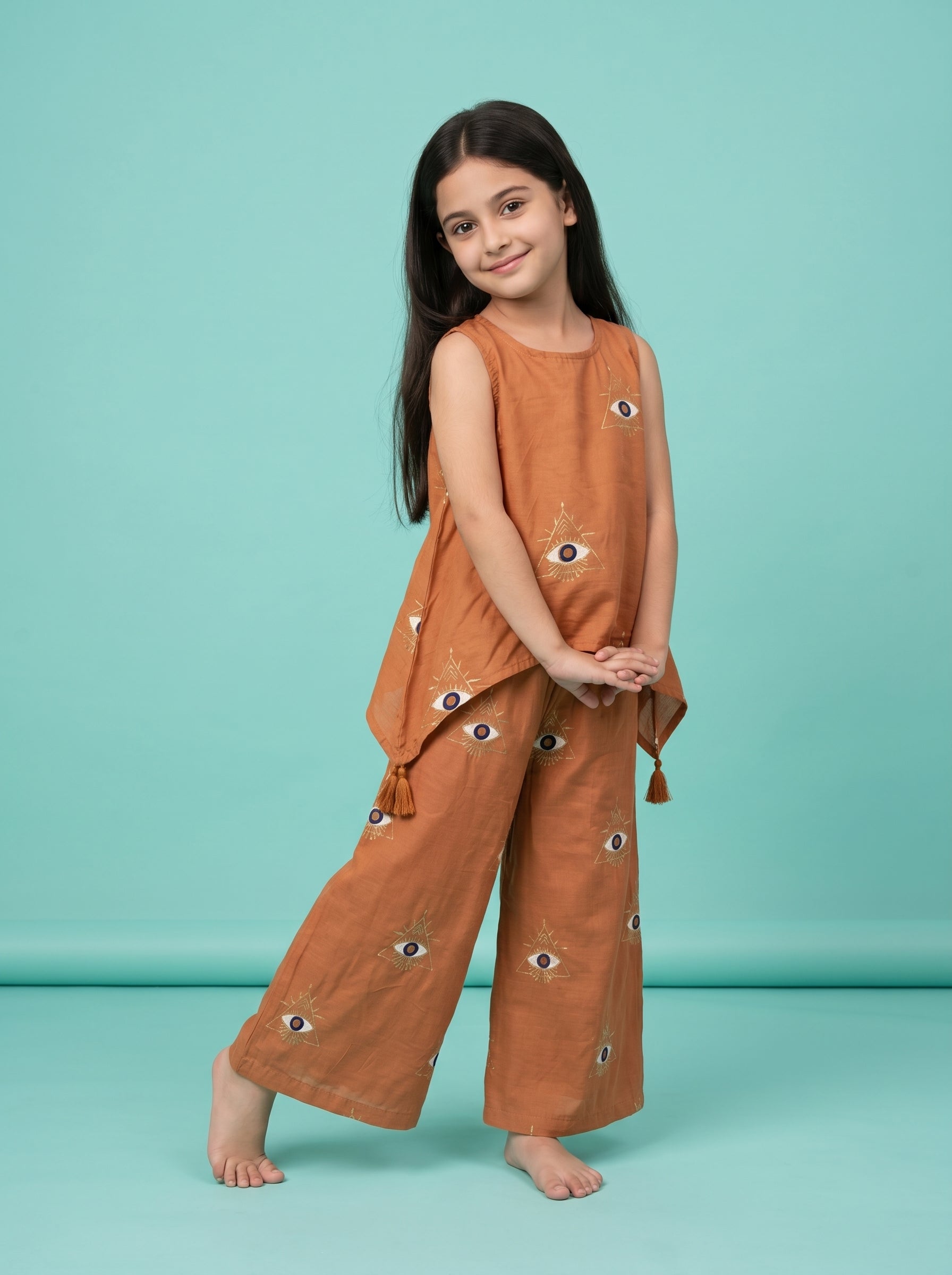 Brown Round Neck Geometric Print Silk Blend Co-Ord Set For Kids