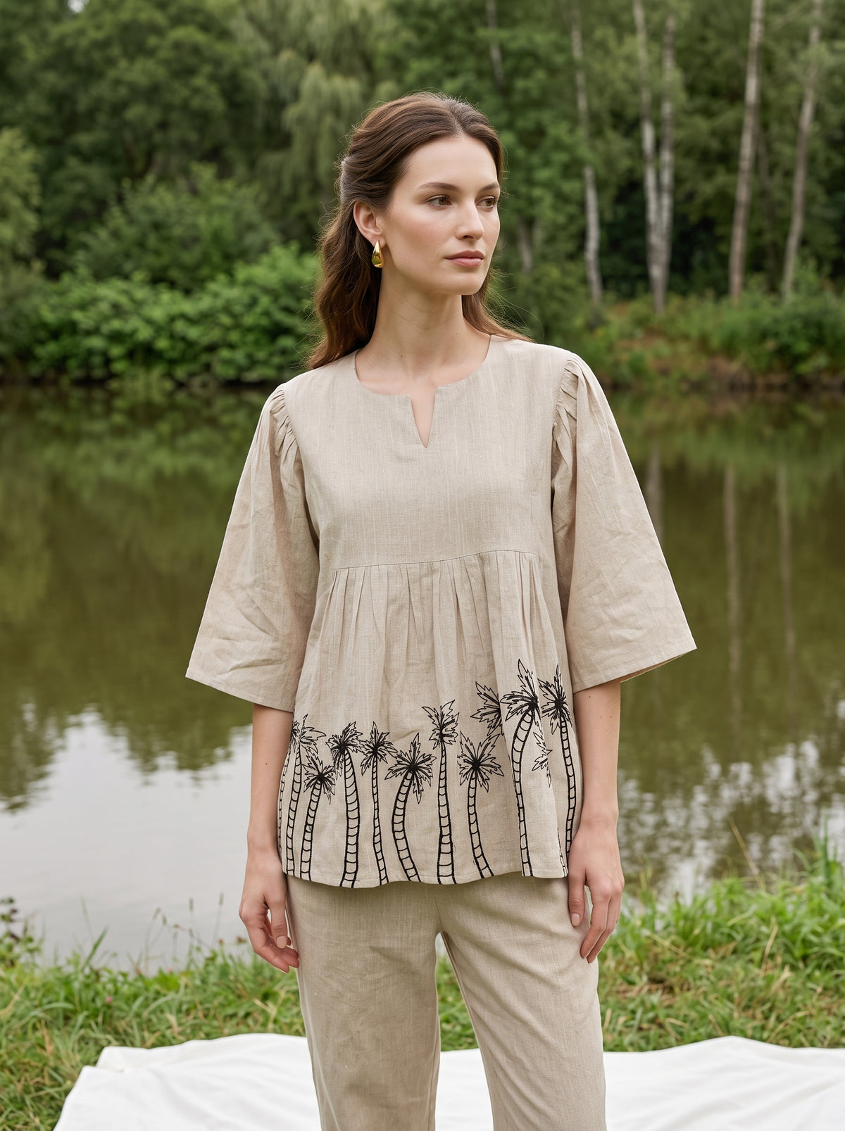 Beige V-Neck Dyed Pure Cotton Co-Ord Set For Women