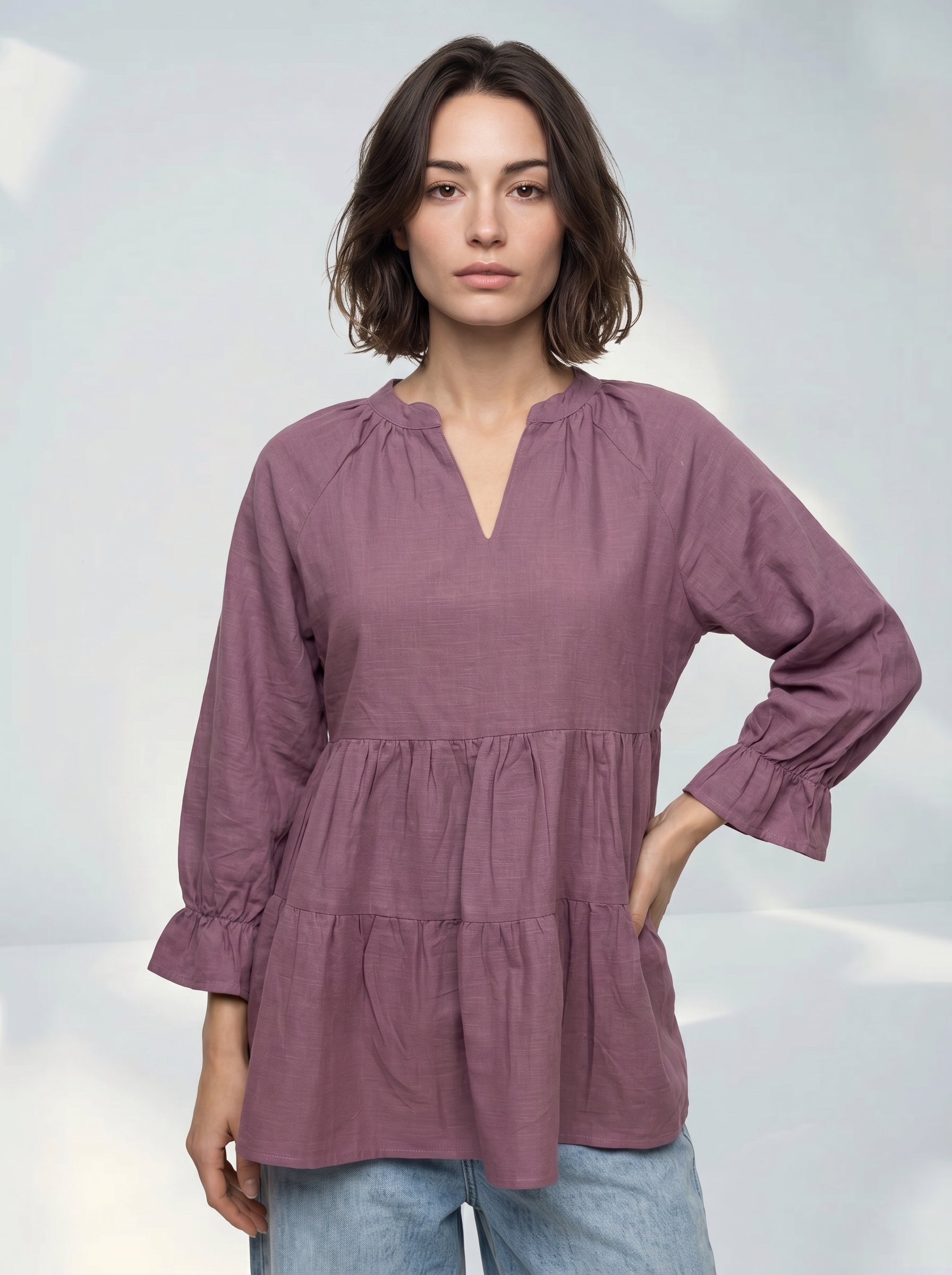 Lavender Solid Mandarin Neck Pure Cotton Top for Women