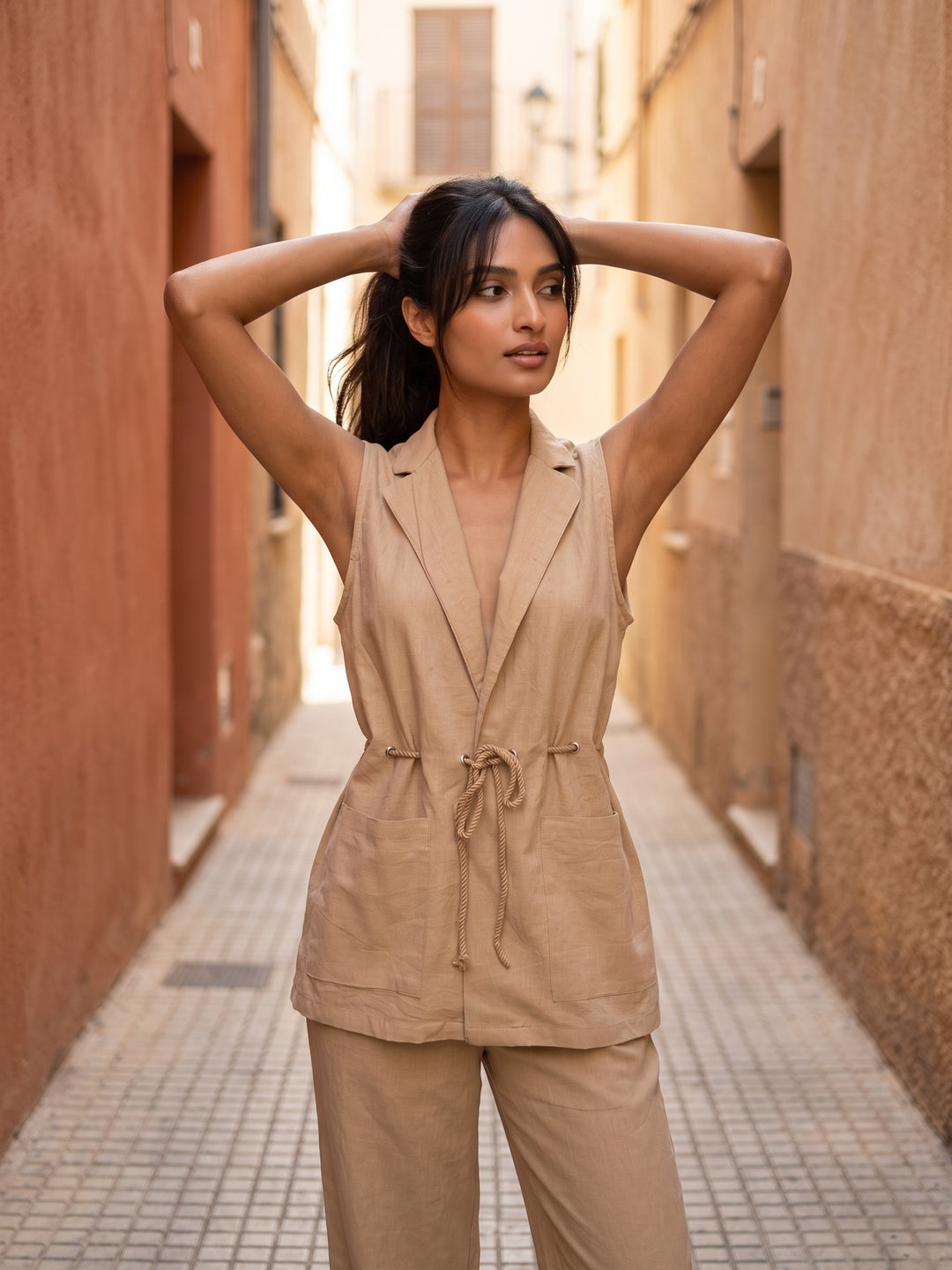 Beige Lapel Collar Solid Sleeveless Co-Ord Set For Women