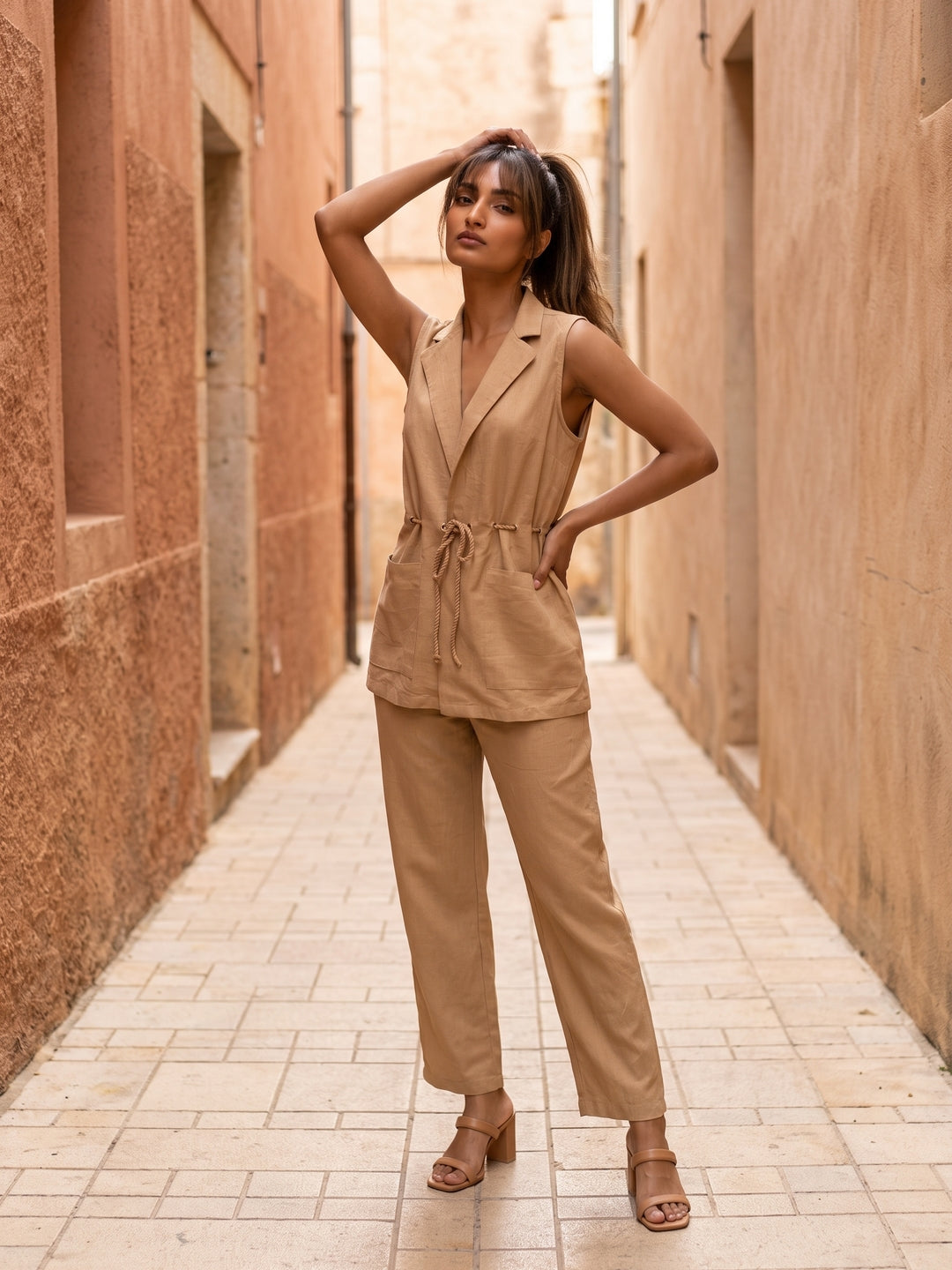 Beige Lapel Collar Solid Sleeveless Co-Ord Set For Women