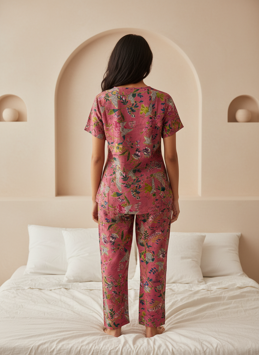 Pink Round Neck Cotton Printed Night Suit Set for Women