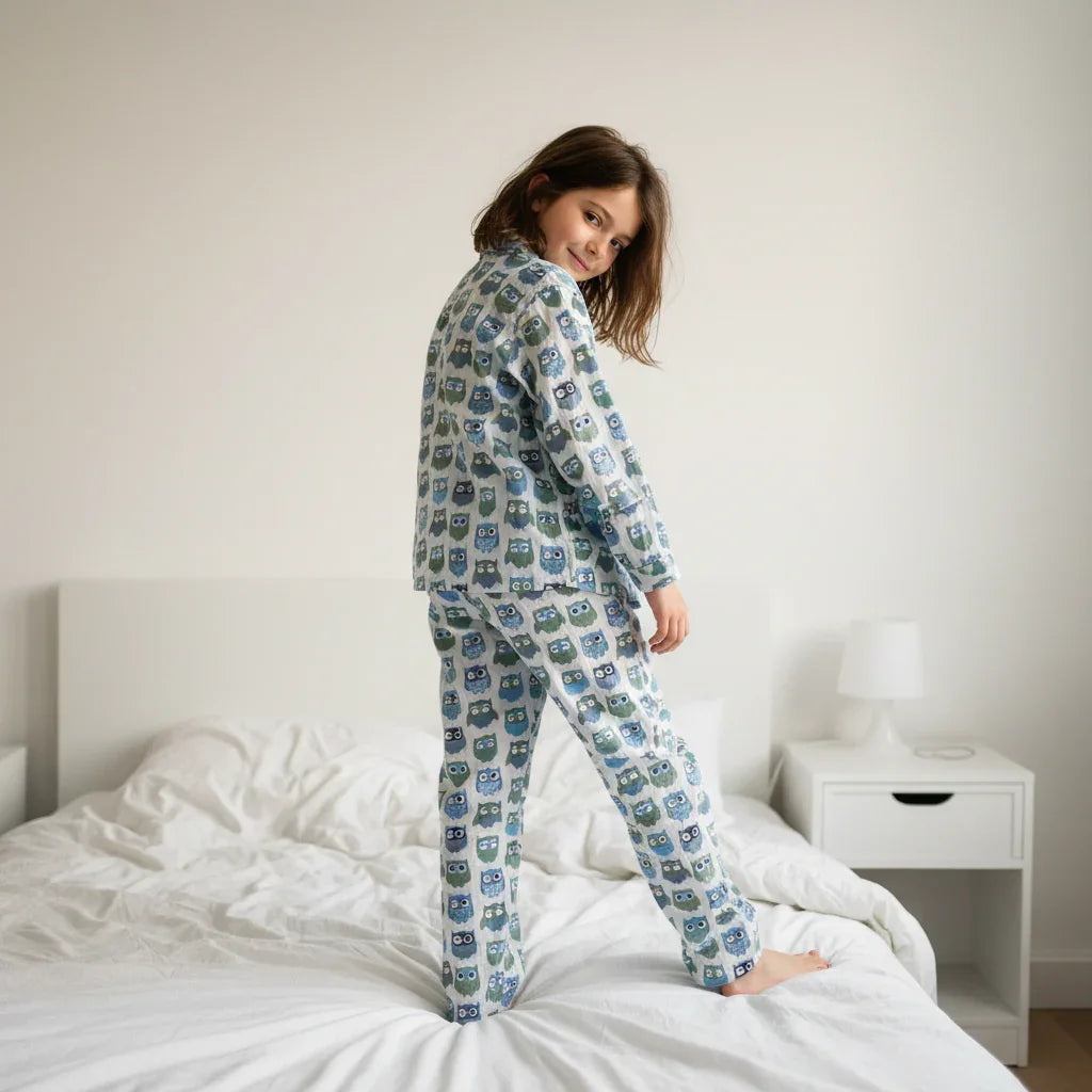 White Abstract Printed Pure Cotton Shirt Collar Night Suit for Kids - SanskrutiHomes